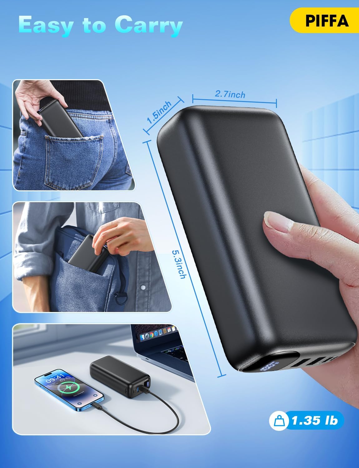 PIFFA Portable Charger Power Bank - 50000mAh Battery Pack, 22.5W Fast Charging Powerbank,Travel Essential for Portable Phone Charger, USB-C Phone Charger for iPhone 17/16/15/14/13 Samsung Google etc