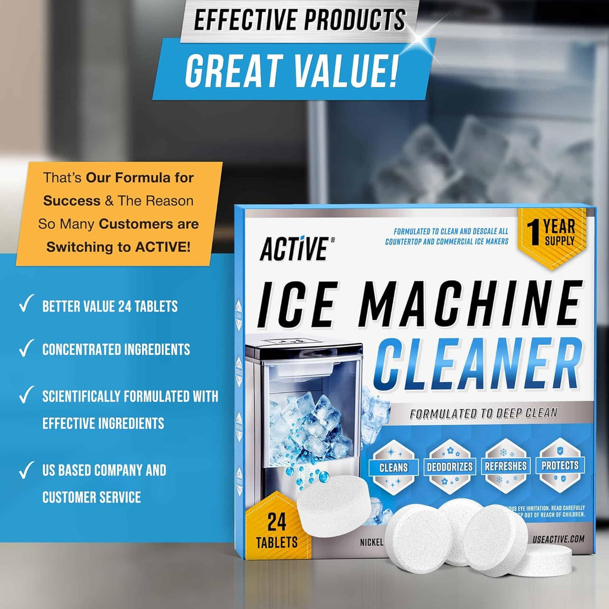 ACTIVE Ice Machine Cleaner Maker Descaler - 24 Clean Tablets Compatible with Frigidaire, Opal, GE Profile, Kitchenaid, Nickel Safe Scale Remover for Countertop, Nugget Ice Makers - Bulk 1 Year Supply