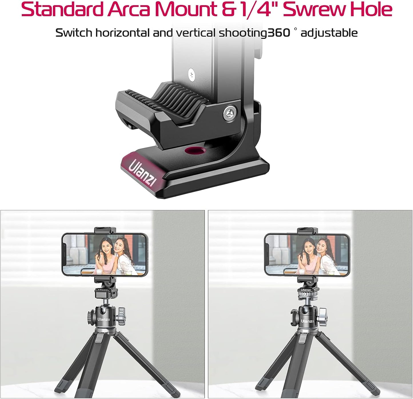 Metal Phone Tripod Mount 3 Cold Shoes & Arca Port, 360° Smartphone Tripod Adapter for iPhone 17 16 15 Cell Phone Stand Holder for Desktop Video Live Streaming Vlogging Rig