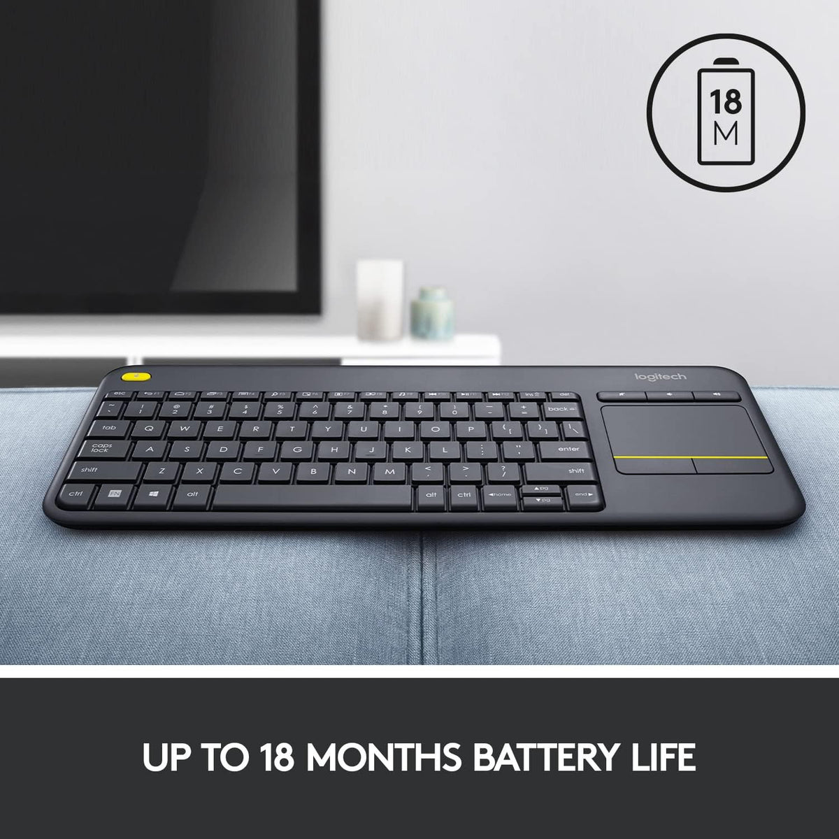 Logitech K400 Plus Wireless Touch TV Keyboard with Easy Media Control and Built-in Touchpad, HTPC Keyboard for PC-Connected TV, Windows, Android, ChromeOS, Laptop, Tablet - Black