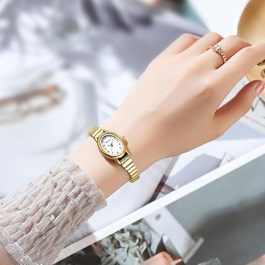 BOFAN Small Gold Watch for Women – Easy Read Quartz, Stainless Steel Expansion Band, Waterproof
