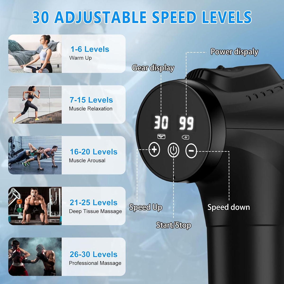 Massage Gun, Muscle Massage Gun for Athletes Handheld Electric Deep Tissue Back Massager, Percussion Massage Device for Pain Relief with 30 Speed Levels 9 Heads Black