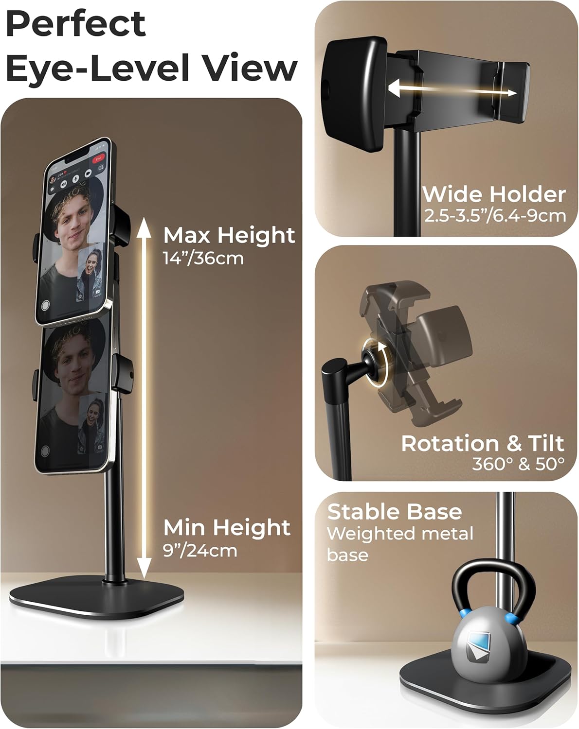 COOPER ChatStand, Adjustable Cell Phone Stand for Desk, Phone Stand for Recording, iPhone Holder for Filming, Small Tripod for iPhone, Fits Samsung, Android Smartphones, (Night Black)