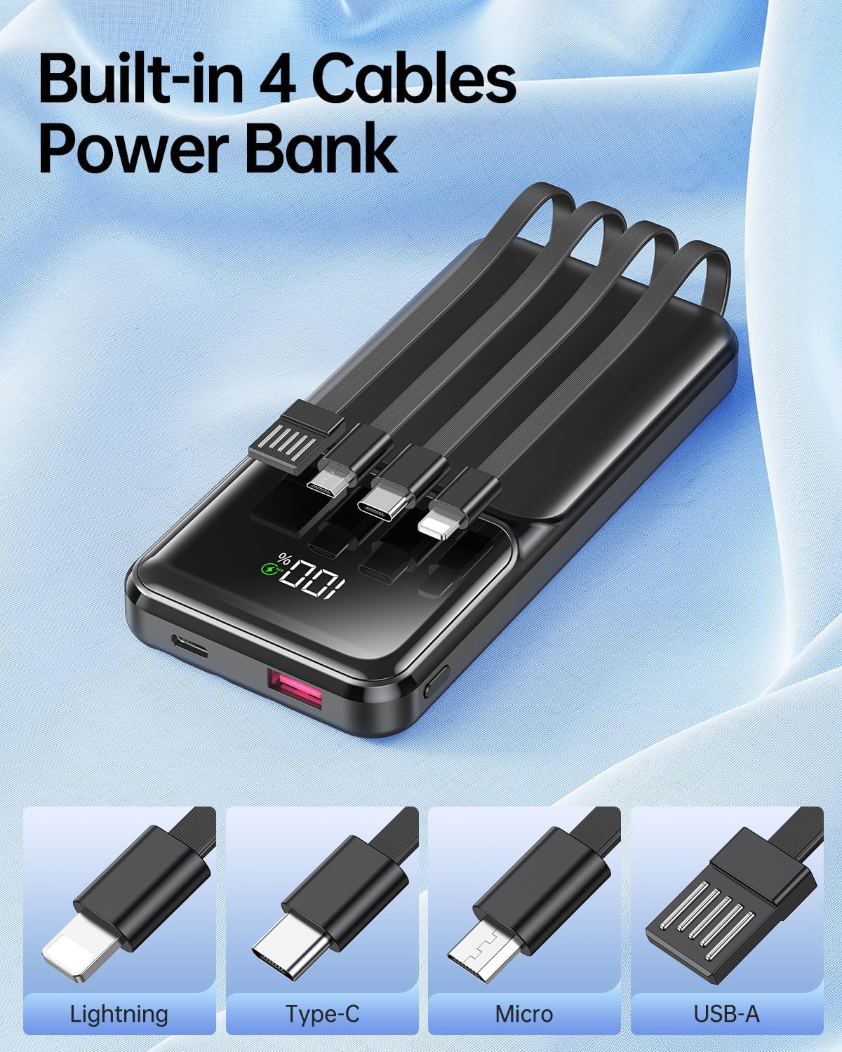 Portable Charger with Built in Cable - Power Bank Fast Charging USB C LED Display 10000mah Battery Pack 5 Outputs & 3 Inputs for Travel Essentials iPhone Samsung Android Phones Tablets Black