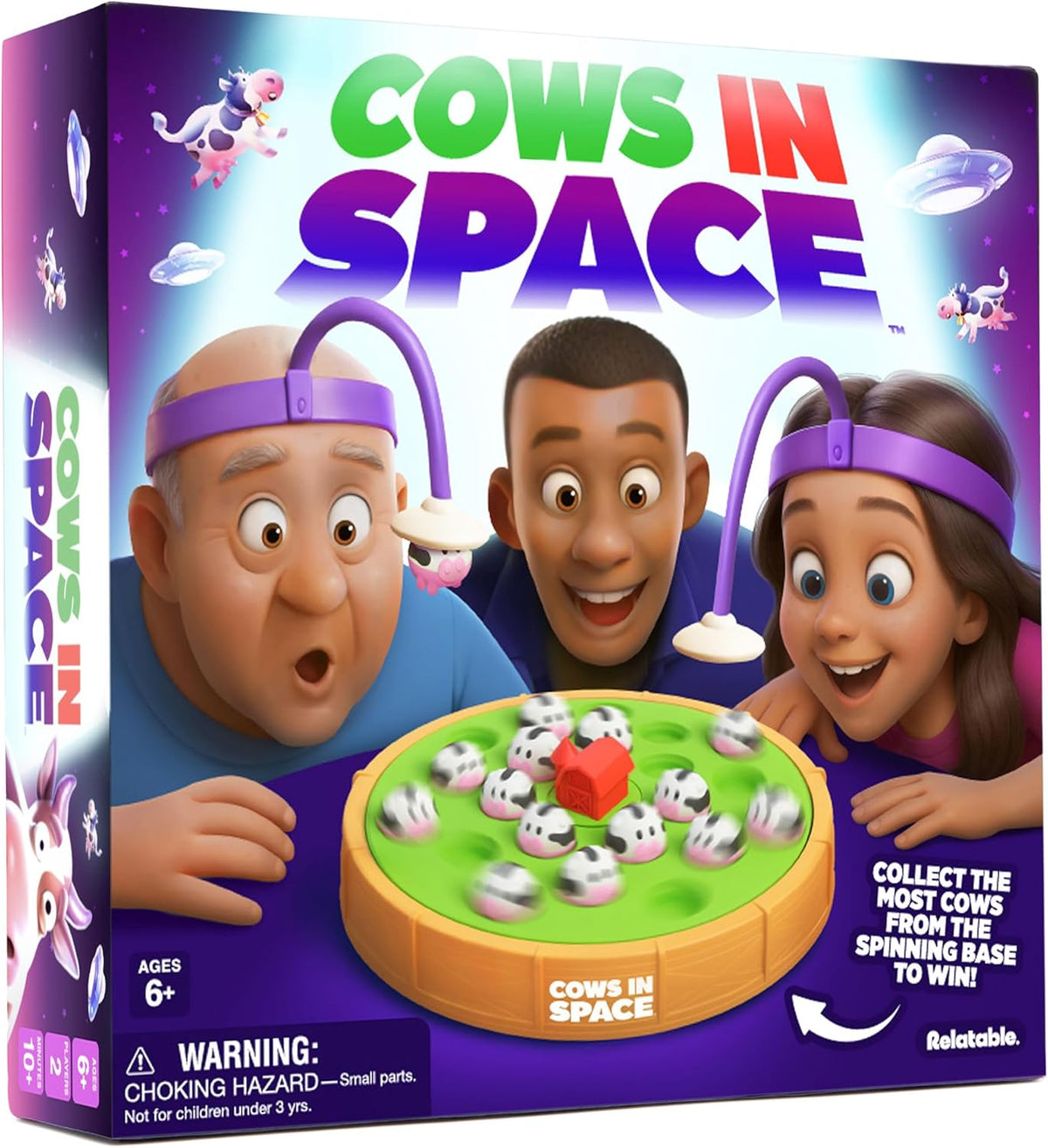 Cows In Space By Relatable, The Kid-Friendly Extraterrestrial Game, Fun Games And 2 Player Games, Great For Space Games, Includes 2 UFO Headbands, 1 Electronic Spinning Base, 21 Cows, and Instructions