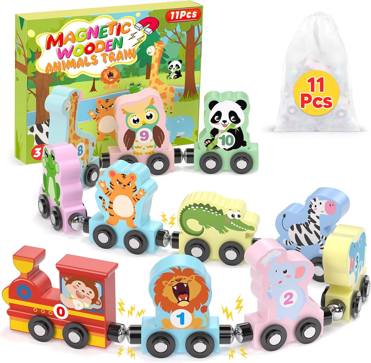 11 Pcs Magnetic Train Set Montessori Toys for 1 2 3 Years Old Toddlers Boys Girls, Wooden Animals Preschool Learning Easter Basket Stuffers Sensory Toys Birthday Gifts Ages 1-3, 2-4