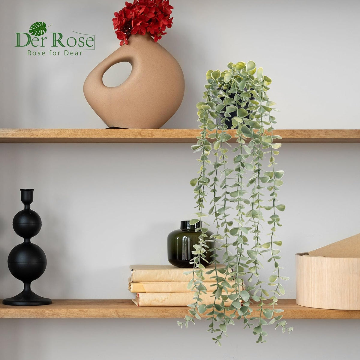 Der Rose 1Pcs Fake Plants Hanging Artificial Potted Faux Eucalyptus Plants for Modern Boho Farmhouse Bathroom Office Desk Wall Book Shelf Living Room Aesthetic Decor Indoor