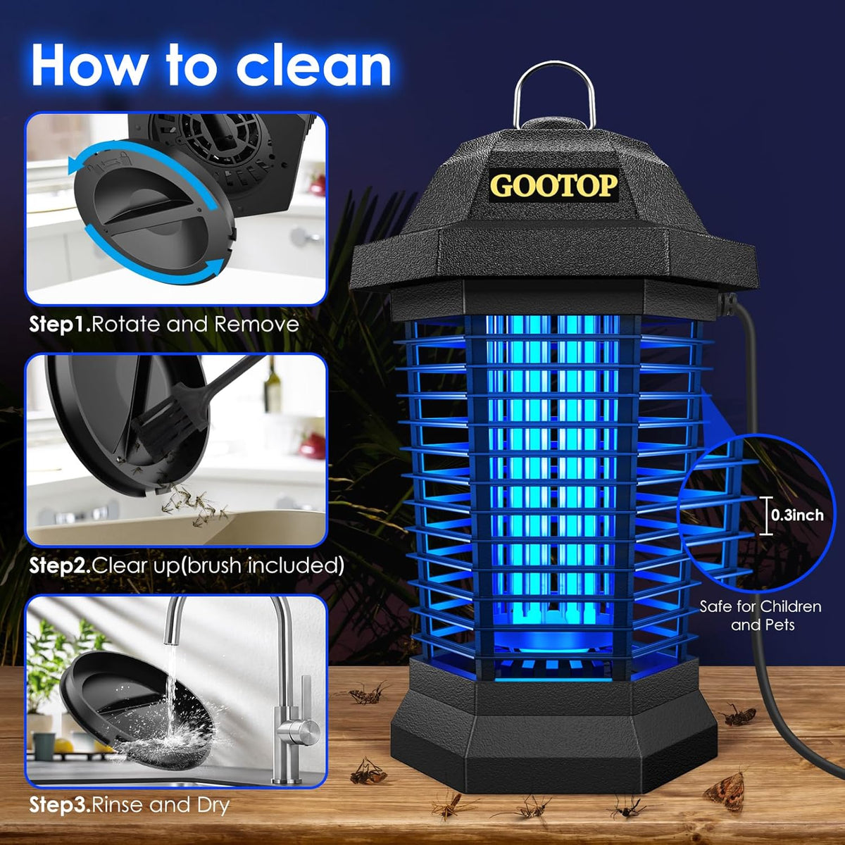 GOOTOP Bug Zapper Outdoor, Mosquito Zapper, Electric Fly Zapper, Mosquito Killer, Fly Traps, 3 Prong Plug, Flying Insects Zapper Indoor Outdoor 90-130V, 4200V, ABS Plastic Outer (Black)