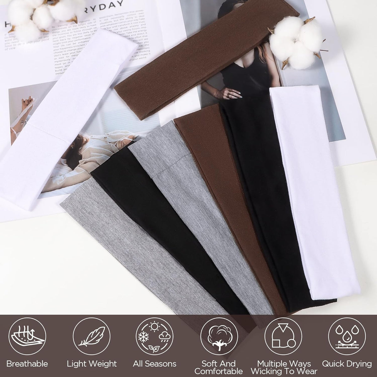 Headbands for Women, 8pcs Stretchy Non Slip Soft Cotton Cloth Hair Bands for Sports, Workout, Yoga and Running