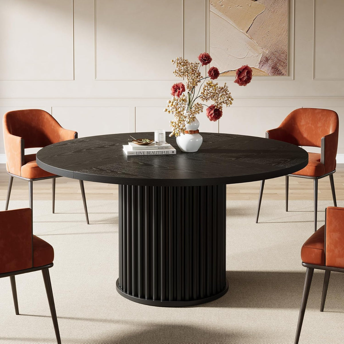 Tribesigns 47.24-Inch Black Round Dining Table for 4-6 People, Modern Fluted MDF + Metal Base Kitchen Table, Sturdy Circle Dining Room Furniture, Black