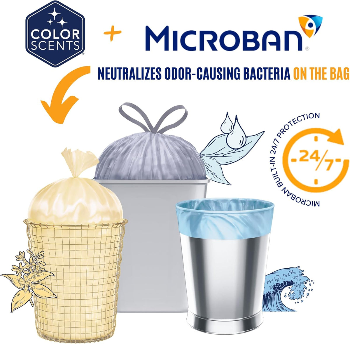 Color Scents Medium Trash Bags - 8 Gallon, 40 Bags (1 Pack of 40 Bags) Twist Tie - Cream Color Bag in Vanilla Flower Scent with Microban