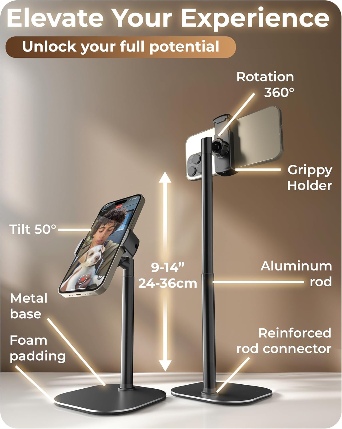 COOPER ChatStand, Adjustable Cell Phone Stand for Desk, Phone Stand for Recording, iPhone Holder for Filming, Small Tripod for iPhone, Fits Samsung, Android Smartphones, (Night Black)