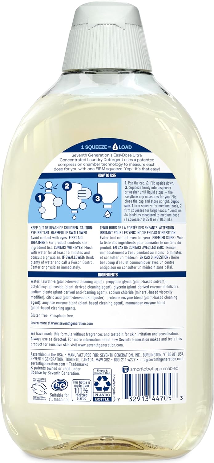 Seventh Generation EasyDose Laundry Detergent, Ultra Concentrated: 66 Loads, Free & Clear Designed for Sensitive Skin, 23.1 Fl Oz