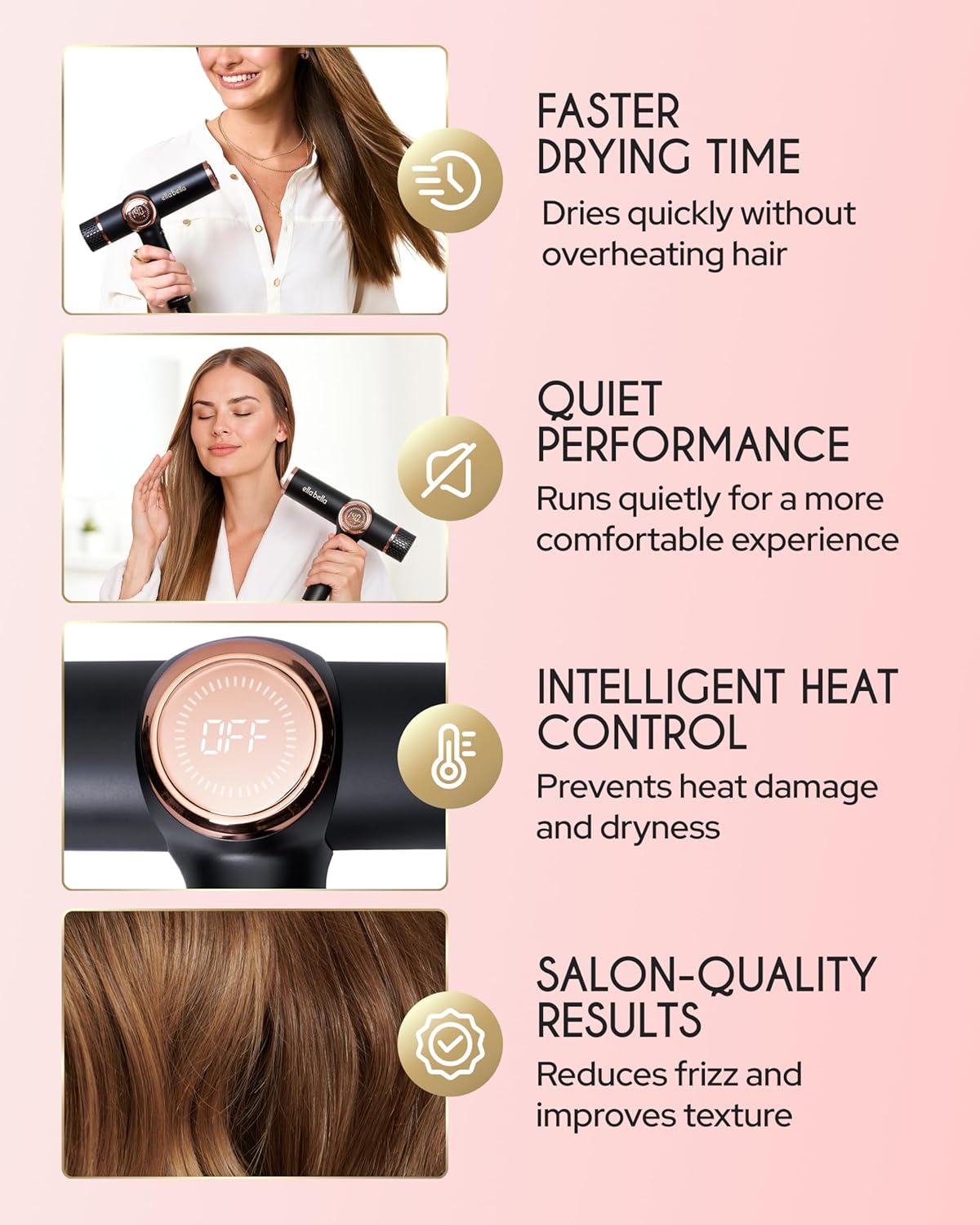 Professional Ionic Hair Dryer with Diffuser • Negative Ion Blow Dryer • Suitable All Hair Types • Intelligent Heat Control & Rapid Drying Speeds • Lightweight Design • Low Noise Technology