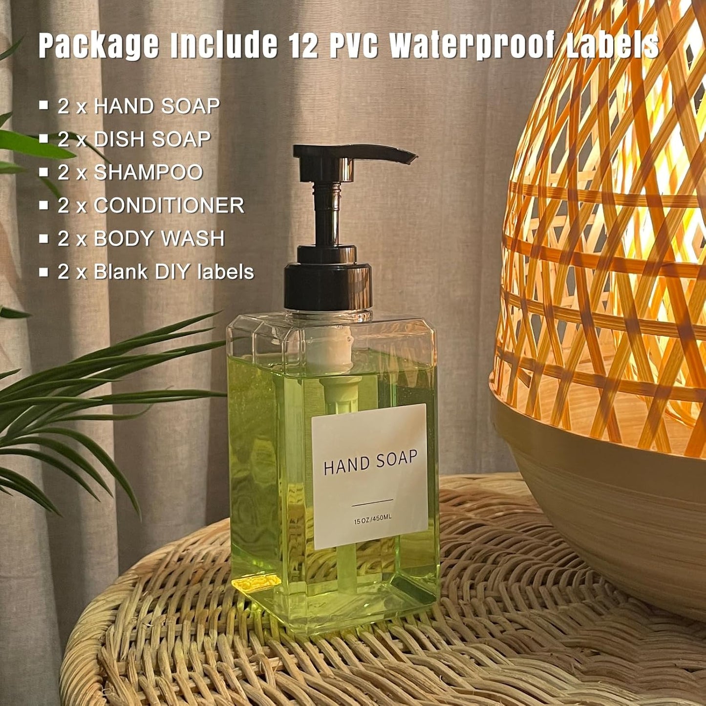 Clear Soap Dispenser with Waterproof Labels, Thickened Plastic Hand Soap Dispenser for Bathroom, Kitchen Dish Washing Liquid Bottles, Shampoo and Conditioner Bottles with Funnel (15oz 2Pack Clear)