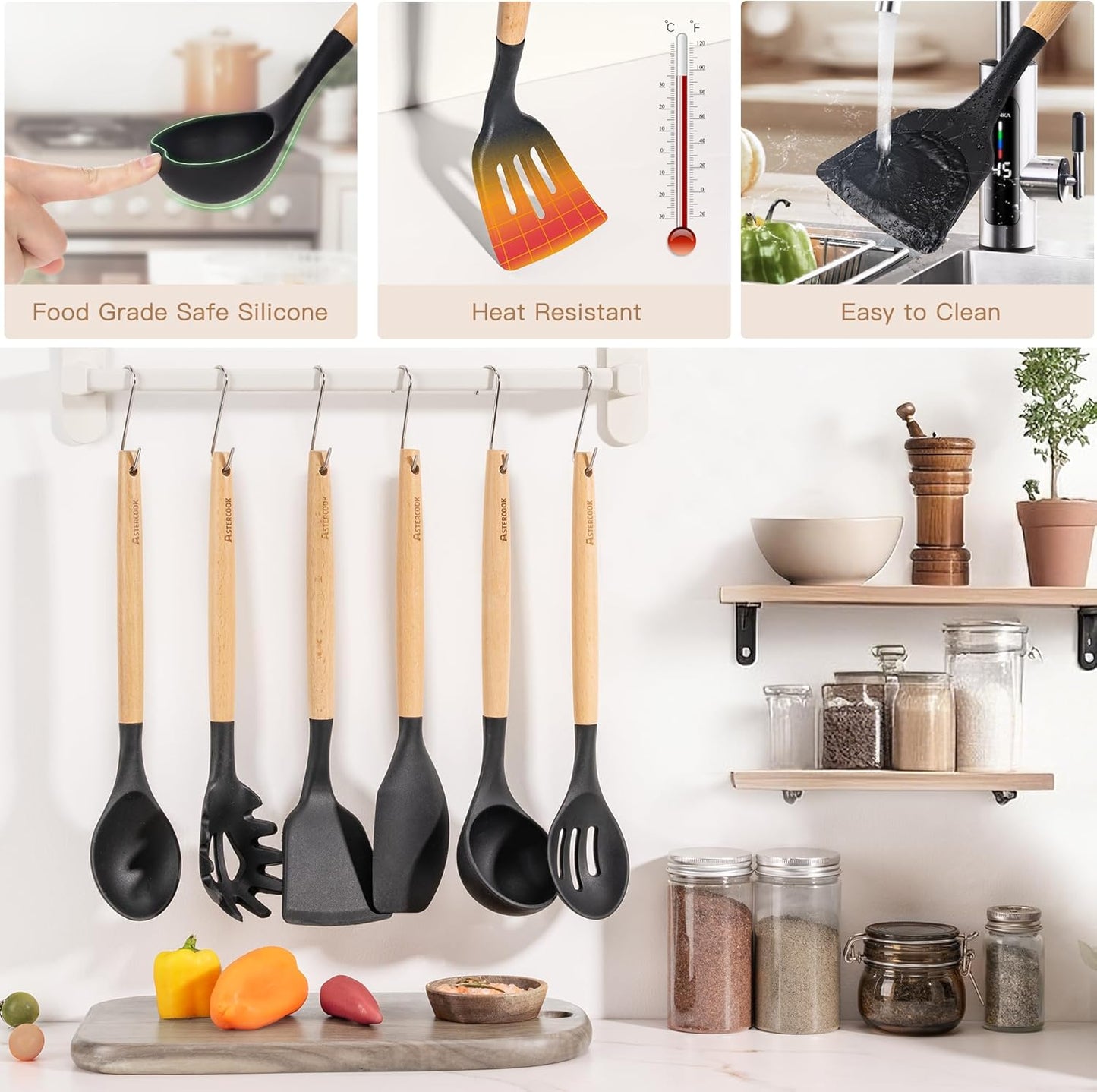 Astercook 39 PCS Kitchen Utensils Set, Silicone Cooking Utensils Set with Wooden Handle, 446°F Heat Resistant Food Grade Utensil Sets, BPA Free Kitchen Gadgets Tools Set for Nonstick Cookware (Black)