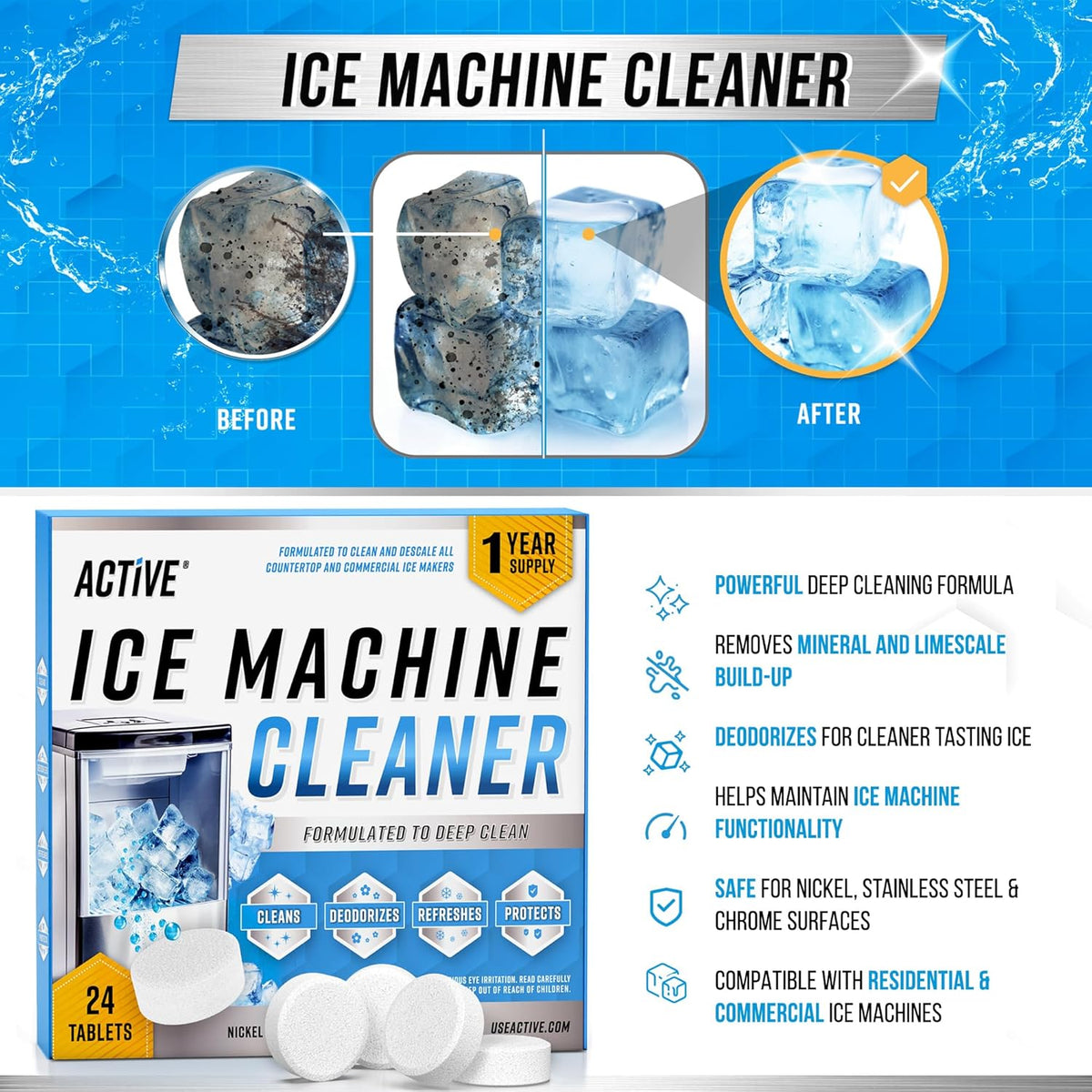 ACTIVE Ice Machine Cleaner Maker Descaler - 24 Clean Tablets Compatible with Frigidaire, Opal, GE Profile, Kitchenaid, Nickel Safe Scale Remover for Countertop, Nugget Ice Makers - Bulk 1 Year Supply
