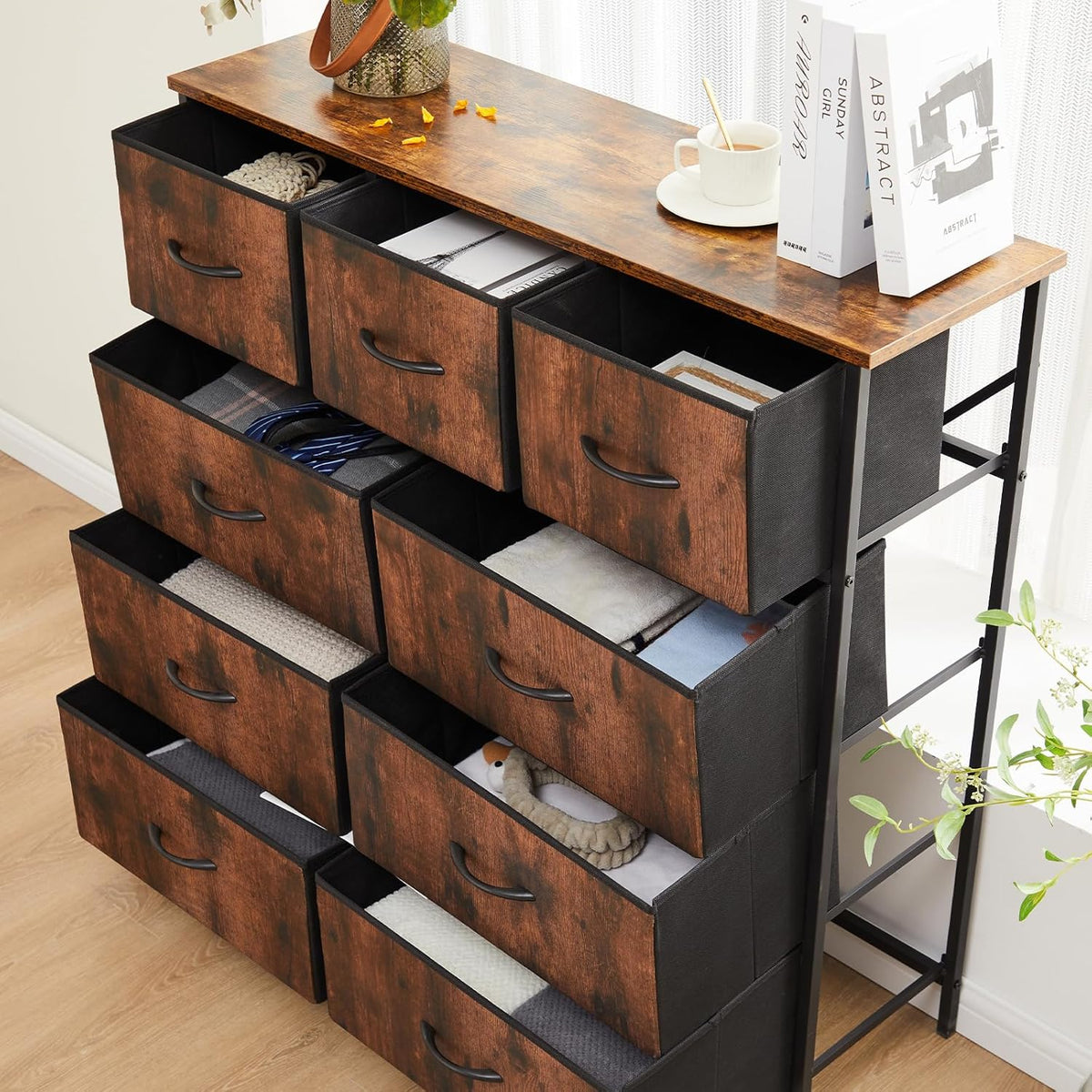 DUMOS Dresser for Bedroom, Storage Organizer with 9 Drawers, Chest of Drawers with Fabric Bins, Sturdy Metal Frame, Wood Tabletop for Guest Room, Closet, Entryway, Brown