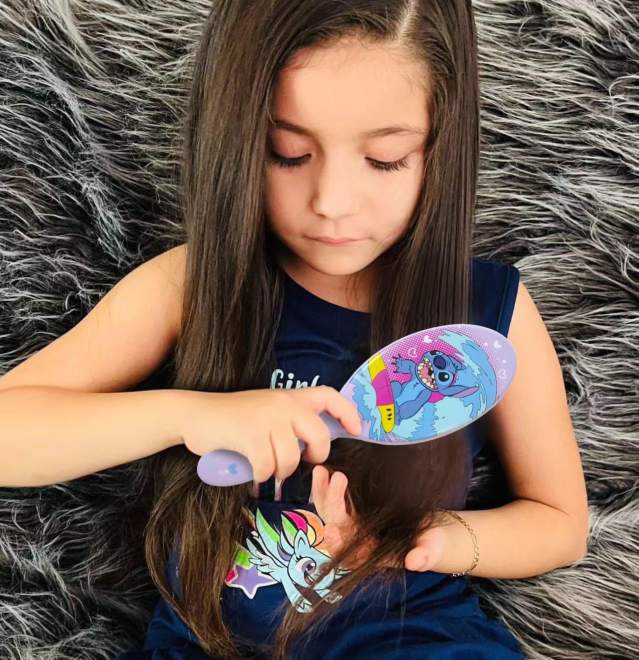 LUV HER Lilo & Stitch Hair Accessory 5 Pcs Set - 1 Regular 9 inch Stitch Hairbrush & 4 Scrunchies - Detangling Brush - Elastic Hair Ties Ropes for Girls, Ages 3+