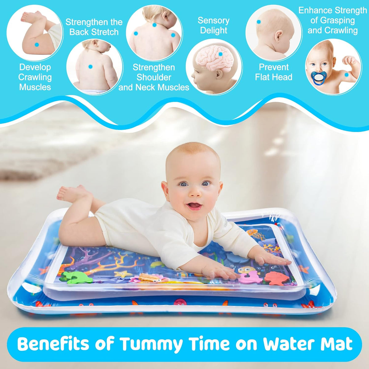Baby lying on a water mat with text highlighting benefits of tummy time.