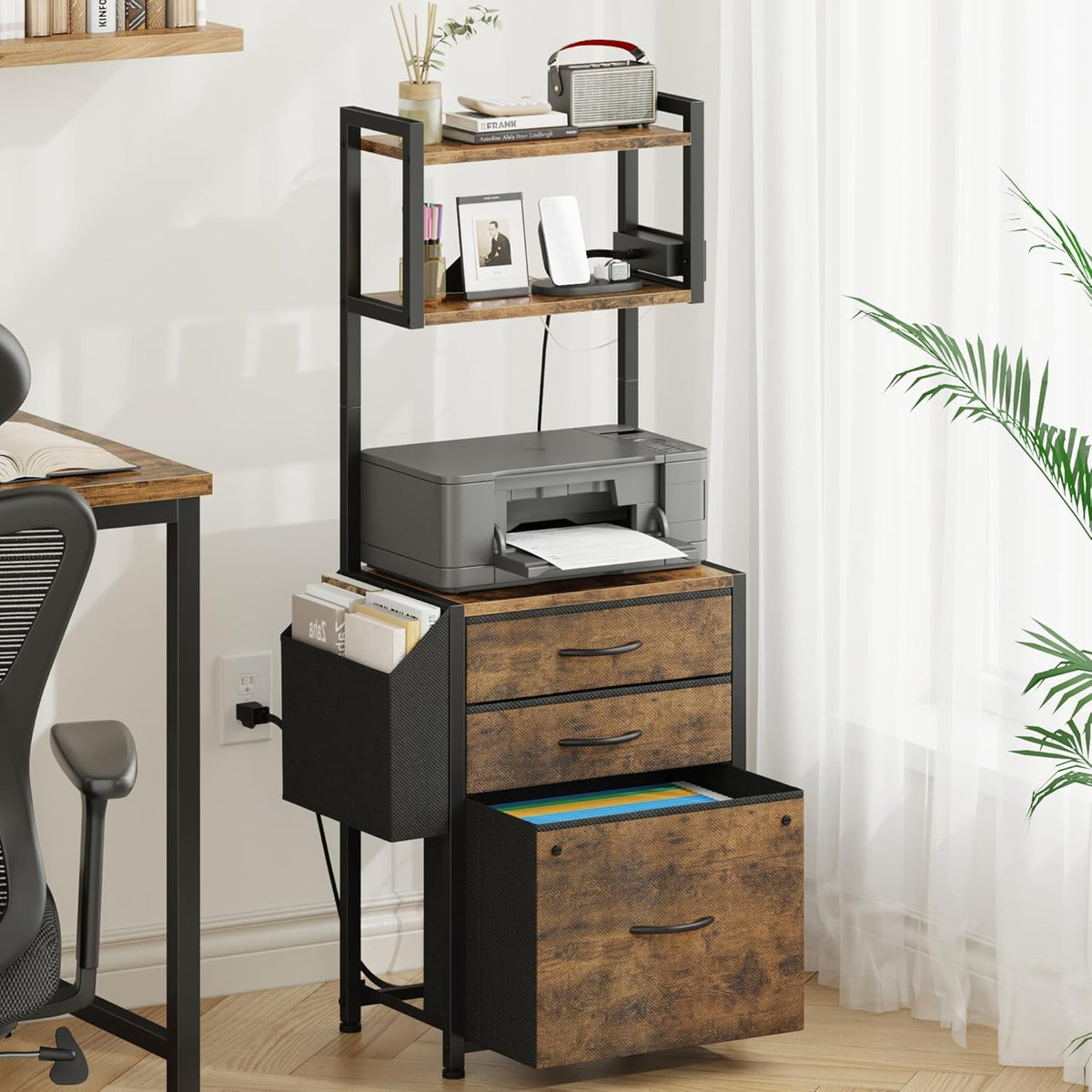 Small 3 Drawer File Cabinet with Charging Station, 45''H, 3-Tier Filing Cabinet for Home Office, 11''*16'' for Small Printer, Fabric Drawer Fits Letter/A4, Tall Printer Stand, Rustic Brown