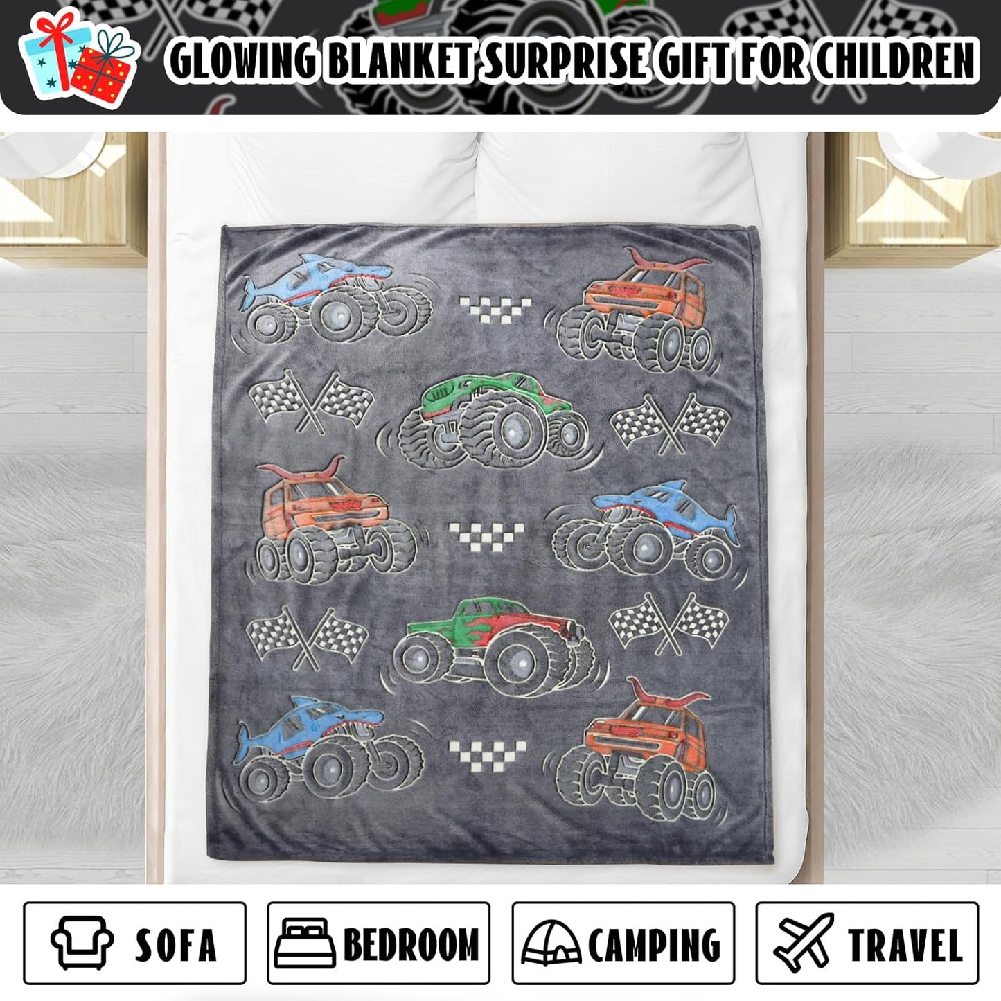 Boys Truck Car Toys Unique Gifts for Kids Glow in The Dark Blanket Glowing Cartoon Tractor Throw Blanket Soft Fleece Blanket Excavators Room Bed Sofa Decor Blankets