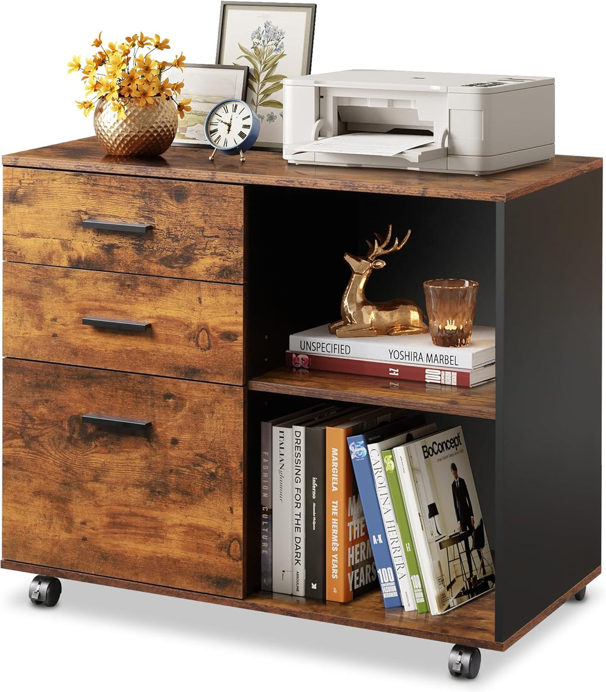 DEVAISE 3 Drawer Mobile File Cabinet, Wood Lateral Filing Cabinet, Printer Stand with Open Shelves for Home Office, Rustic Brown