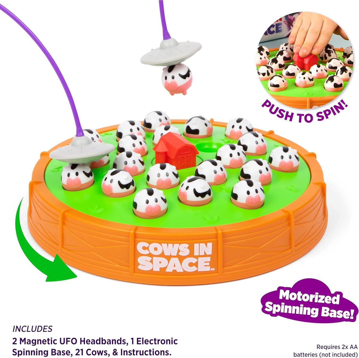 Cows In Space By Relatable, The Kid-Friendly Extraterrestrial Game, Fun Games And 2 Player Games, Great For Space Games, Includes 2 UFO Headbands, 1 Electronic Spinning Base, 21 Cows, and Instructions