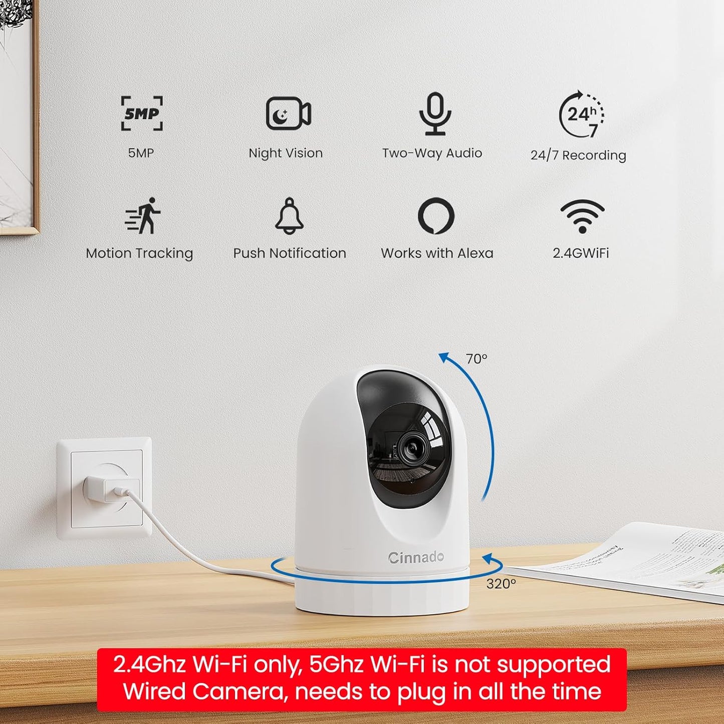 Cinnado Security Camera Indoor-2K 360° WiFi Cameras for Home Security,Pet/Dog/Baby Camera with Phone app, 2-Way Audio, Night Vision, 24/7 SD Card Storage, Works with Alexa & Google Home (2.4Ghz)-D1