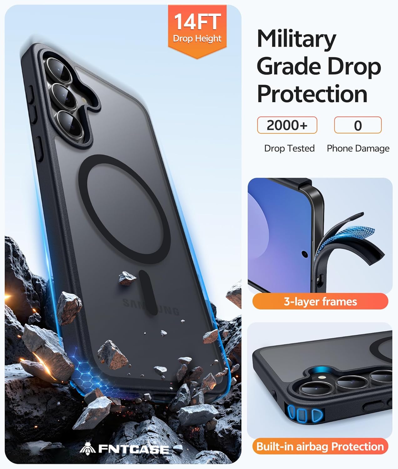 FNTCASE for Samsung Galaxy S25 FE Case: Magnetic Translucent Matte Military Grade Drop Proof Protection Cell Phone Cover - Slim Rugged Durable Shockproof Protective S25Fe Cases (Black-6.7 inch)