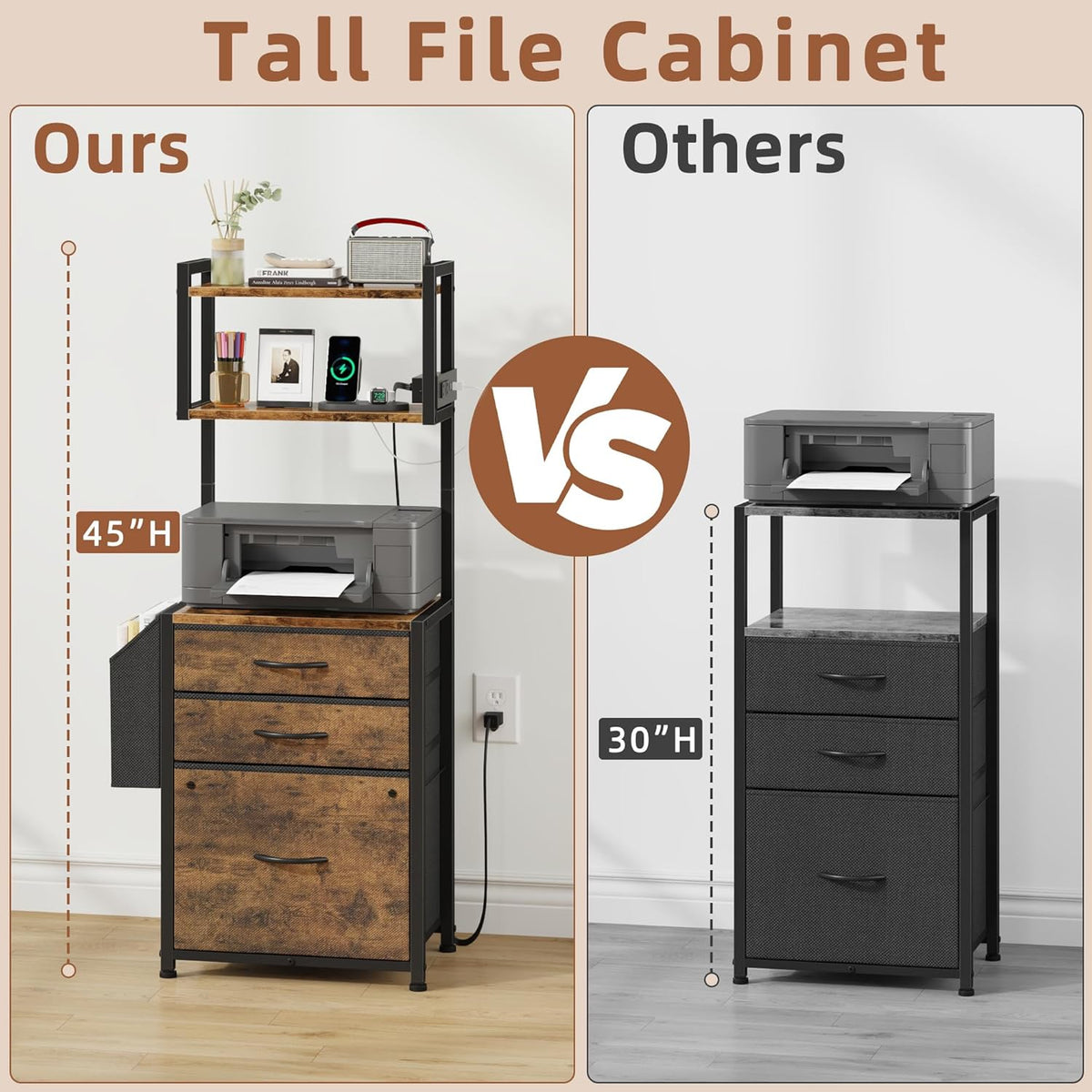 Small 3 Drawer File Cabinet with Charging Station, 45''H, 3-Tier Filing Cabinet for Home Office, 11''*16'' for Small Printer, Fabric Drawer Fits Letter/A4, Tall Printer Stand, Rustic Brown
