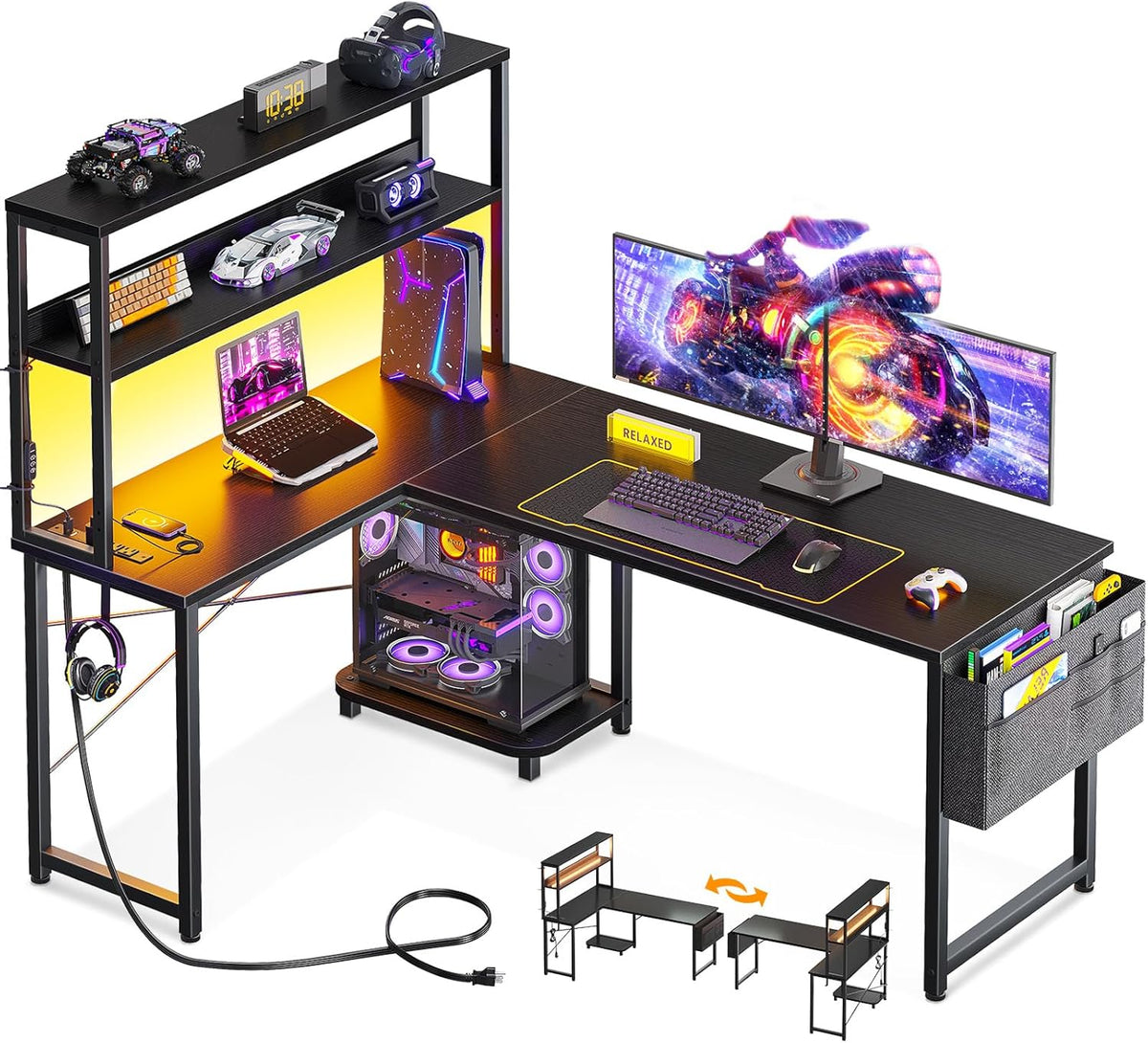ODK 53 Inch L Shaped Desk with LED Lighting, Reversible Gaming Desk with Power Outlets, Cornor Computer Table with Storage Shelves & Bag & Iron Hook, Home Office Table for Writing, Study, Black
