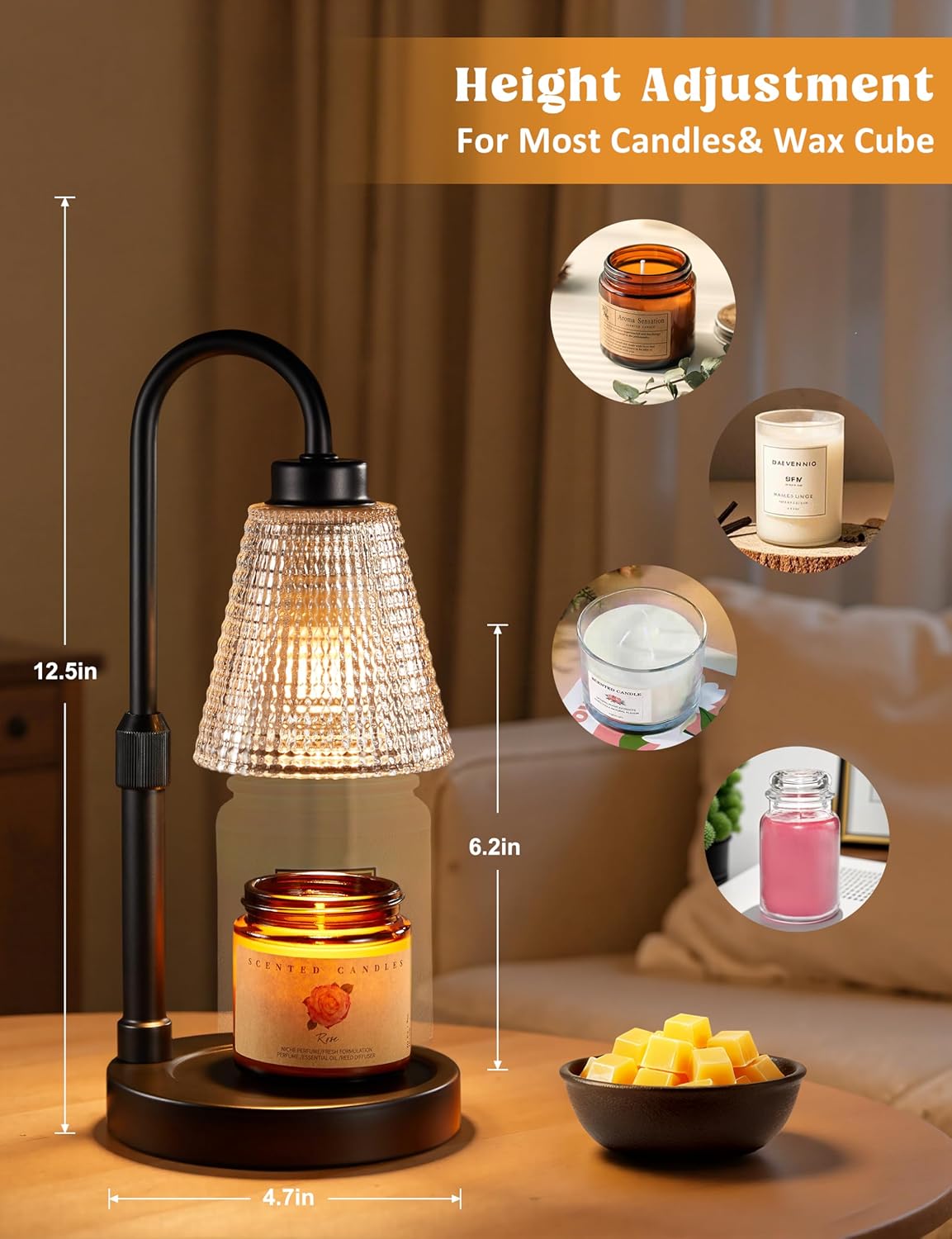 Candle Warmer Lamp with Timer, Dimmable Candle Warmer for Jar Candles, Height Adjustable Wax Melts Warmer, Birthday Gifts for Women Mom, House Warming Gifts New Home Decor