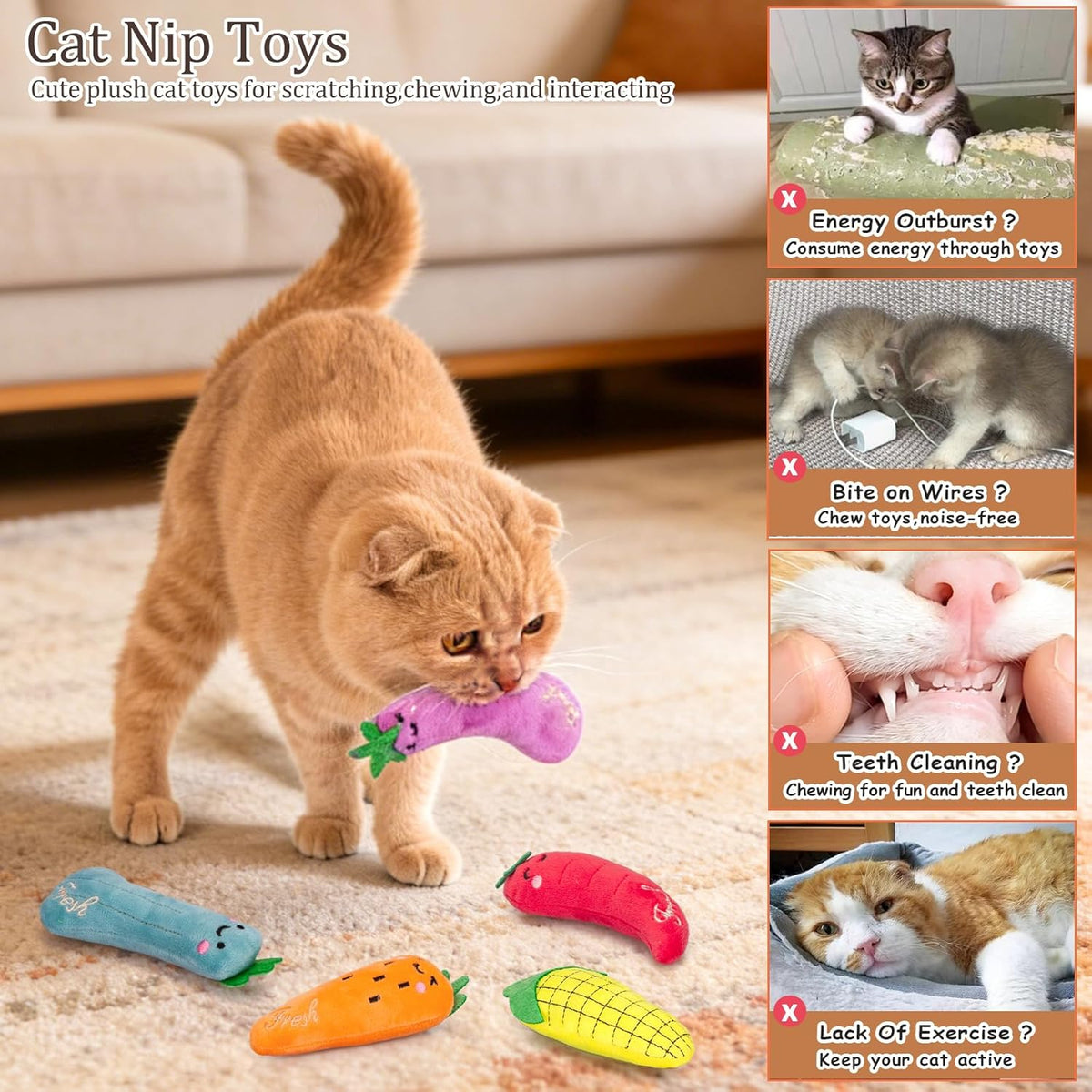 5 Pack Catnip Toys - Natural Catnip & Silvervine Inside Plush Cat Kicker Toys for Teeth Cleaning, Fun Vegetable Shape Interactive Chew Toys for Indoor Cats & Kittens