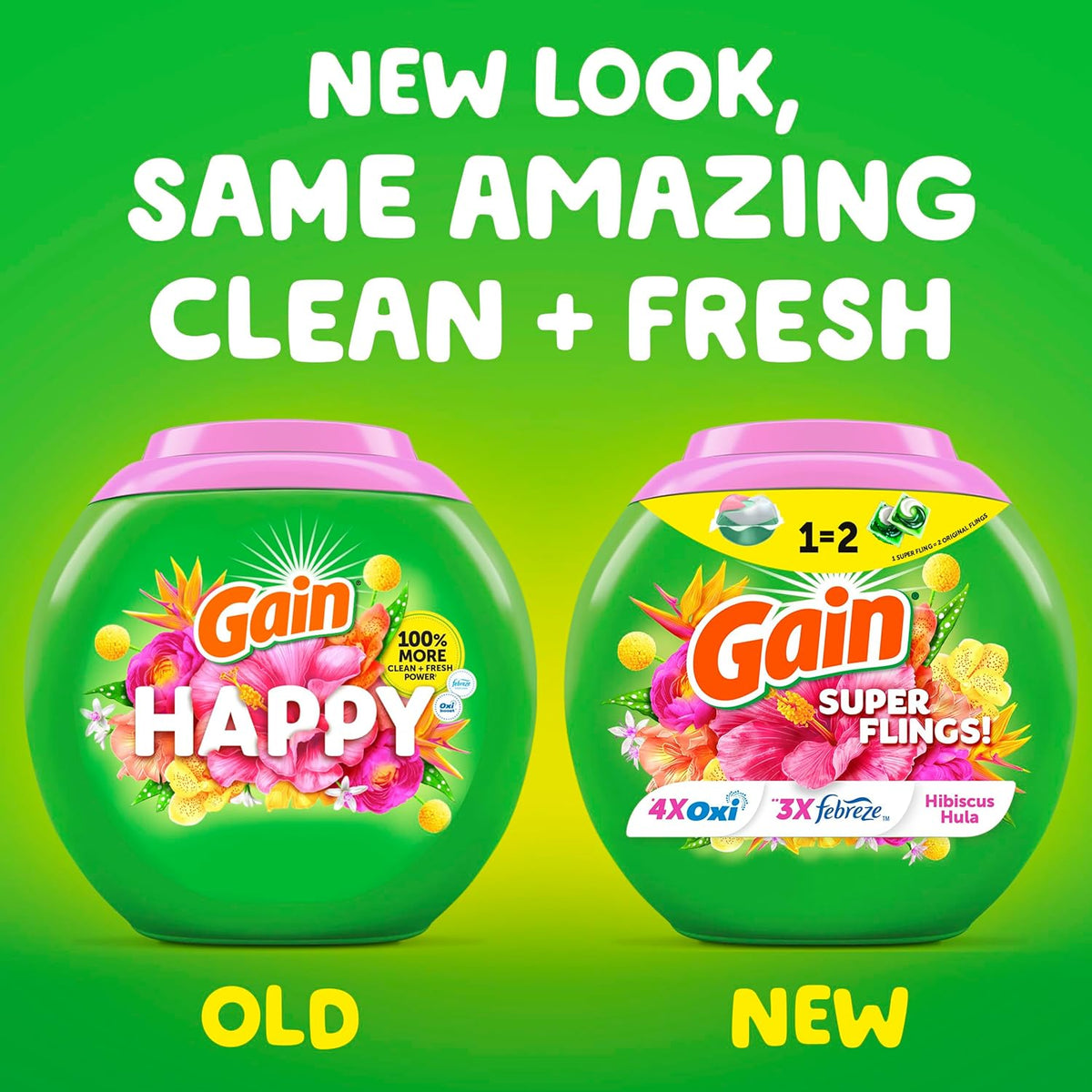 Gain Super Sized Flings Laundry Detergent Pacs with Hibiscus Hula Scent, Powerful Cleaning for Lasting Freshness, HE Compatible, 45 Count, Gain Laundry Detergent Pods