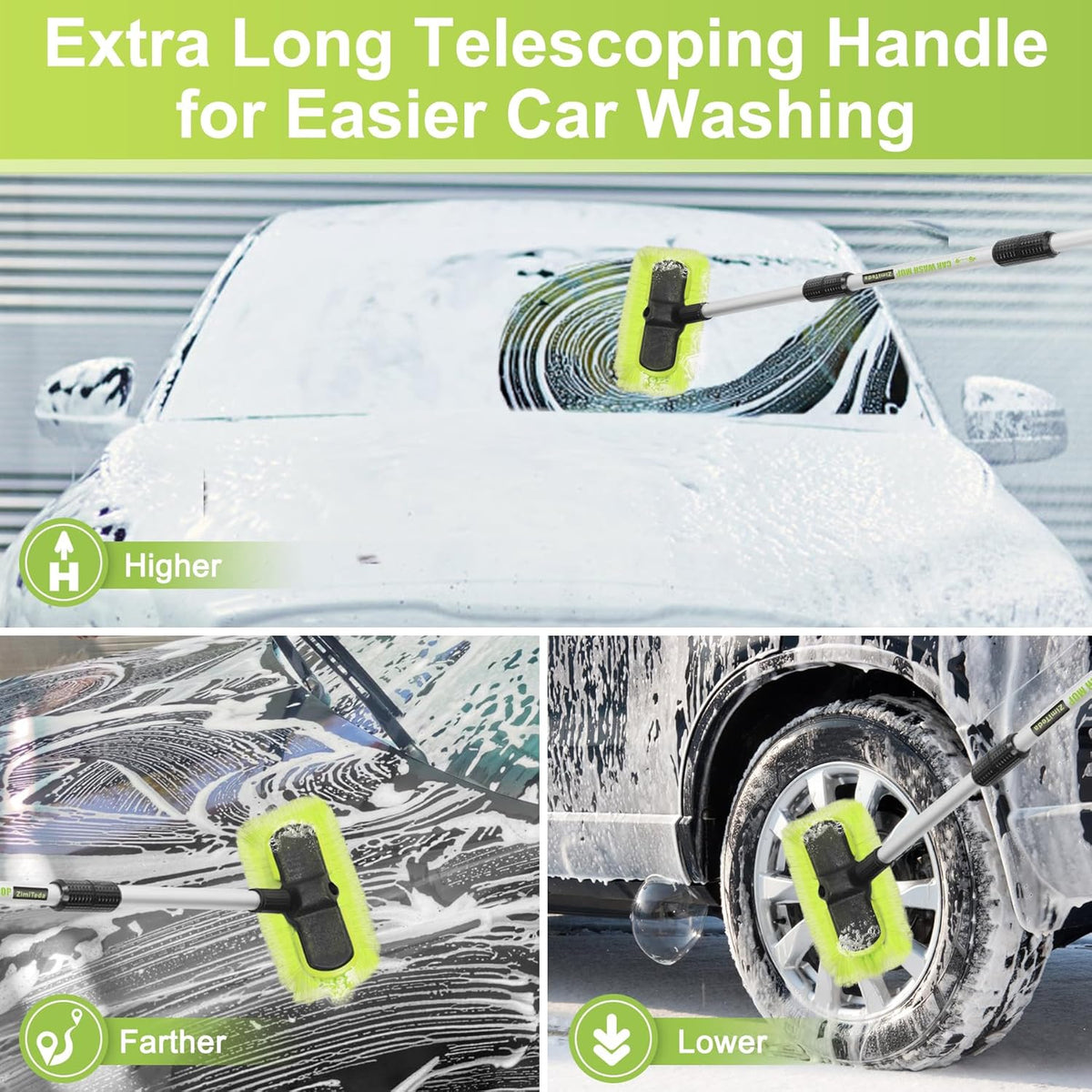 65”165cm Car Wash Brush Long Handle Soft Bristle Scrub Cleaning Mop with 4 Hand-held Places Extendable Washing Brushes Broom Kit for RV Boat Truck SUV Caravan Solar Panel House Siding,Sweep Snow
