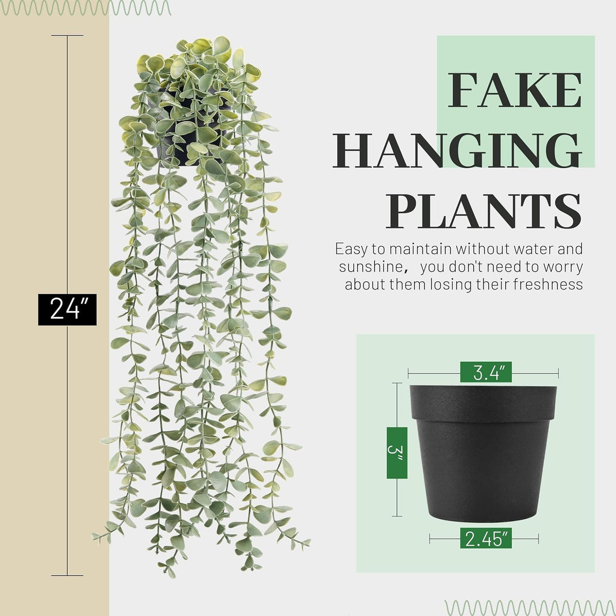 Der Rose 1Pcs Fake Plants Hanging Artificial Potted Faux Eucalyptus Plants for Modern Boho Farmhouse Bathroom Office Desk Wall Book Shelf Living Room Aesthetic Decor Indoor