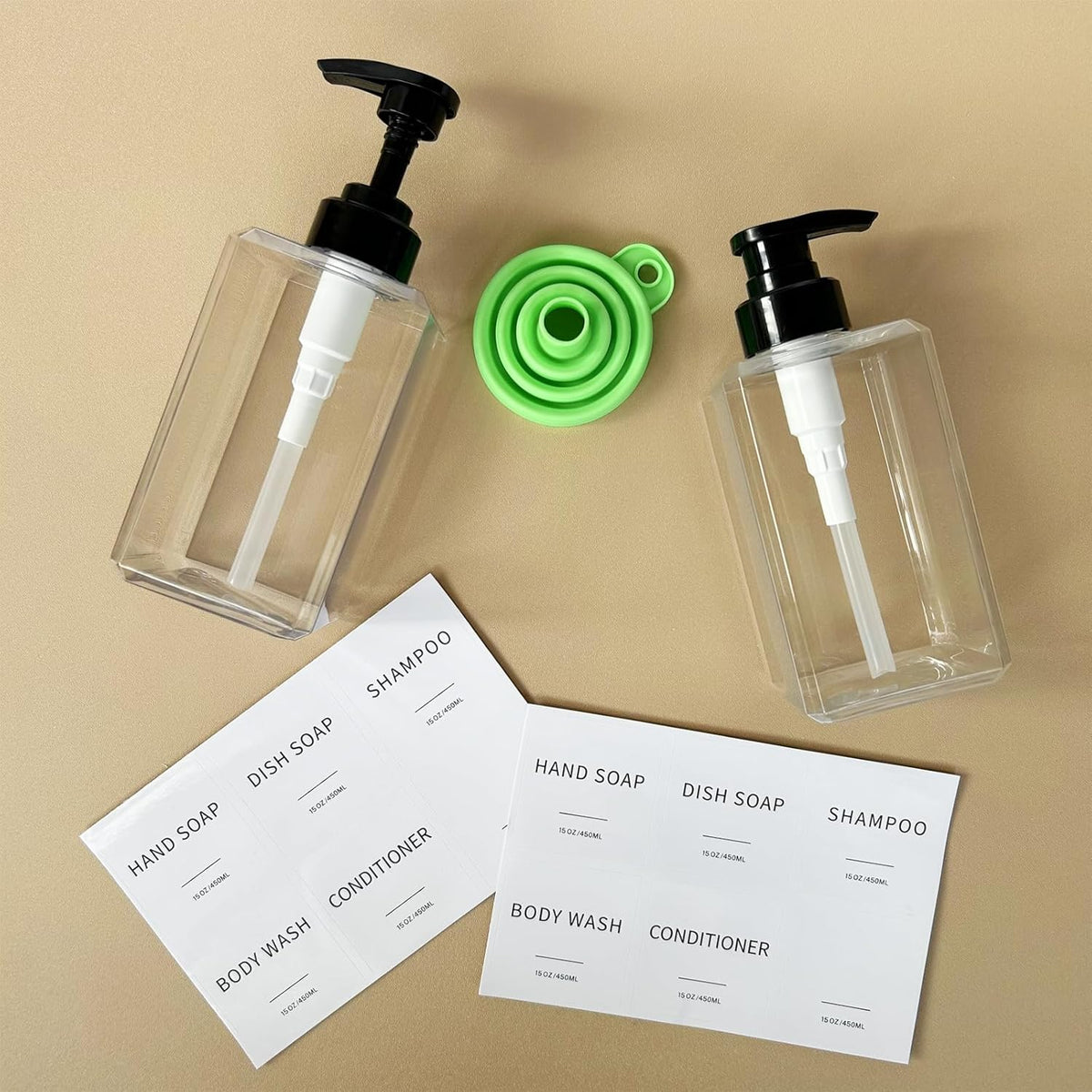 Clear Soap Dispenser with Waterproof Labels, Thickened Plastic Hand Soap Dispenser for Bathroom, Kitchen Dish Washing Liquid Bottles, Shampoo and Conditioner Bottles with Funnel (15oz 2Pack Clear)