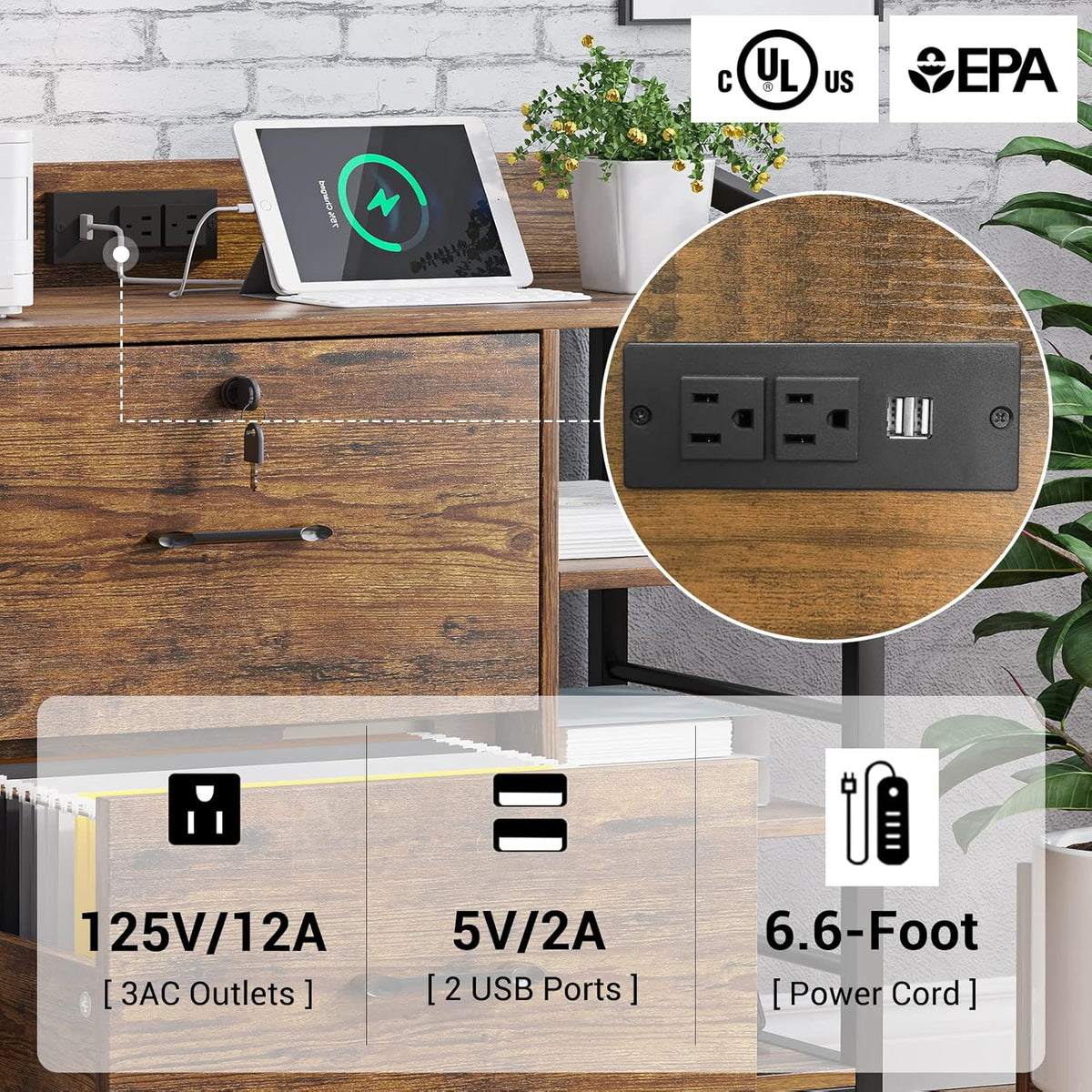SEDETA 44" File Cabinet, Filing Cabinet fits Legal/Letter Size, 2 Drawer File Cabinets for Home Office with Lock, Power Strip, 6 Storage Shelves, Rustic Brown
