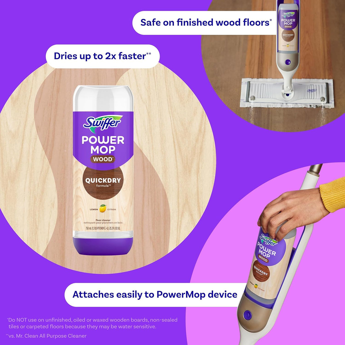 Swiffer Power Mop Wood Refill Solution, QuickDry Hardwood Floor Cleaner for Mopping Home, Bathroom, Kitchen, All Purpose Multi-Surface Solution for Floor Cleaning, Lemon Scent, 50.6oz