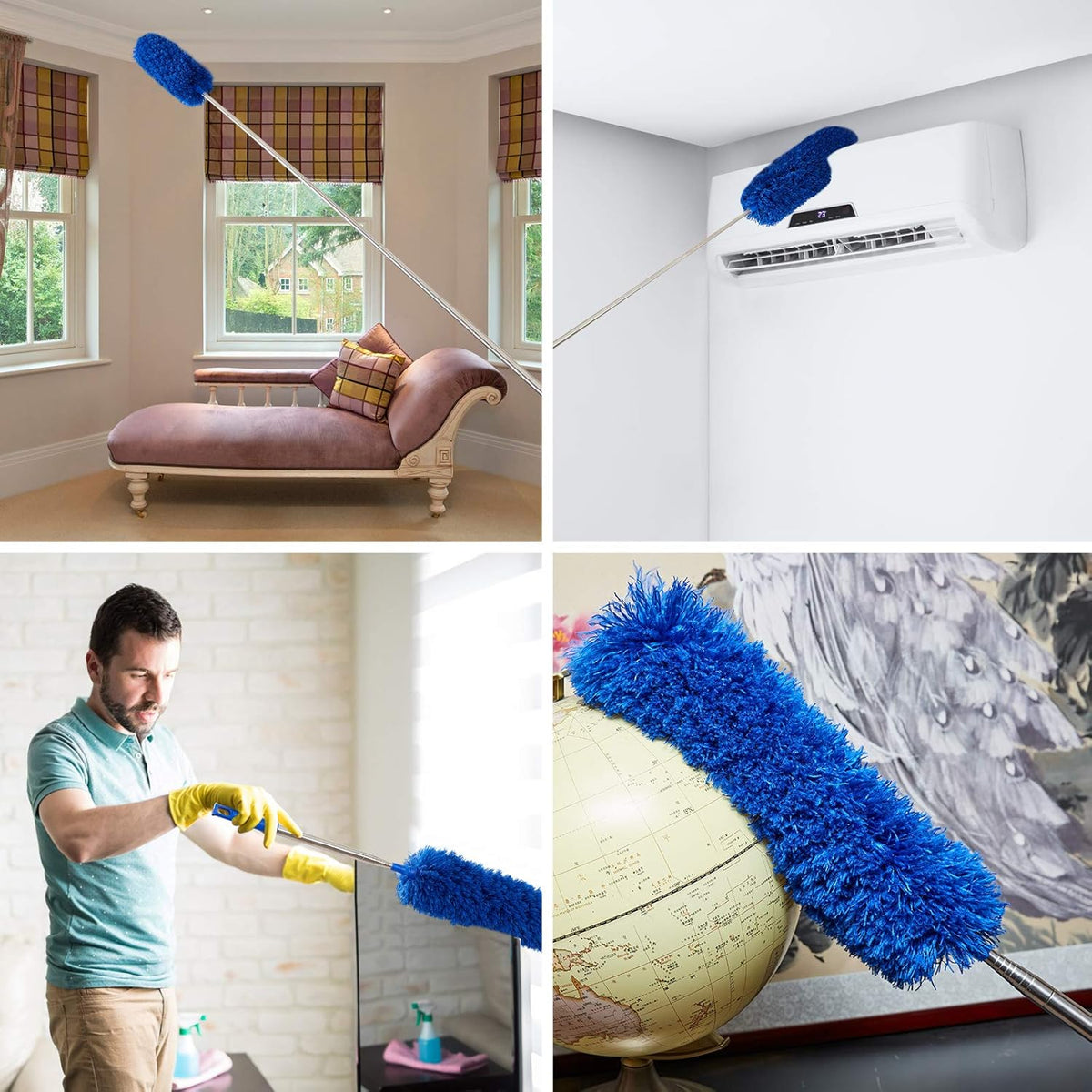 Cobweb Duster with Extension Pole, Washable Cleaning Duster Kit with 2 Duster Heads, Cobweb Duster, Corner Brush, Aluminum Telescoping Pole for Ceiling Fan (Blue)