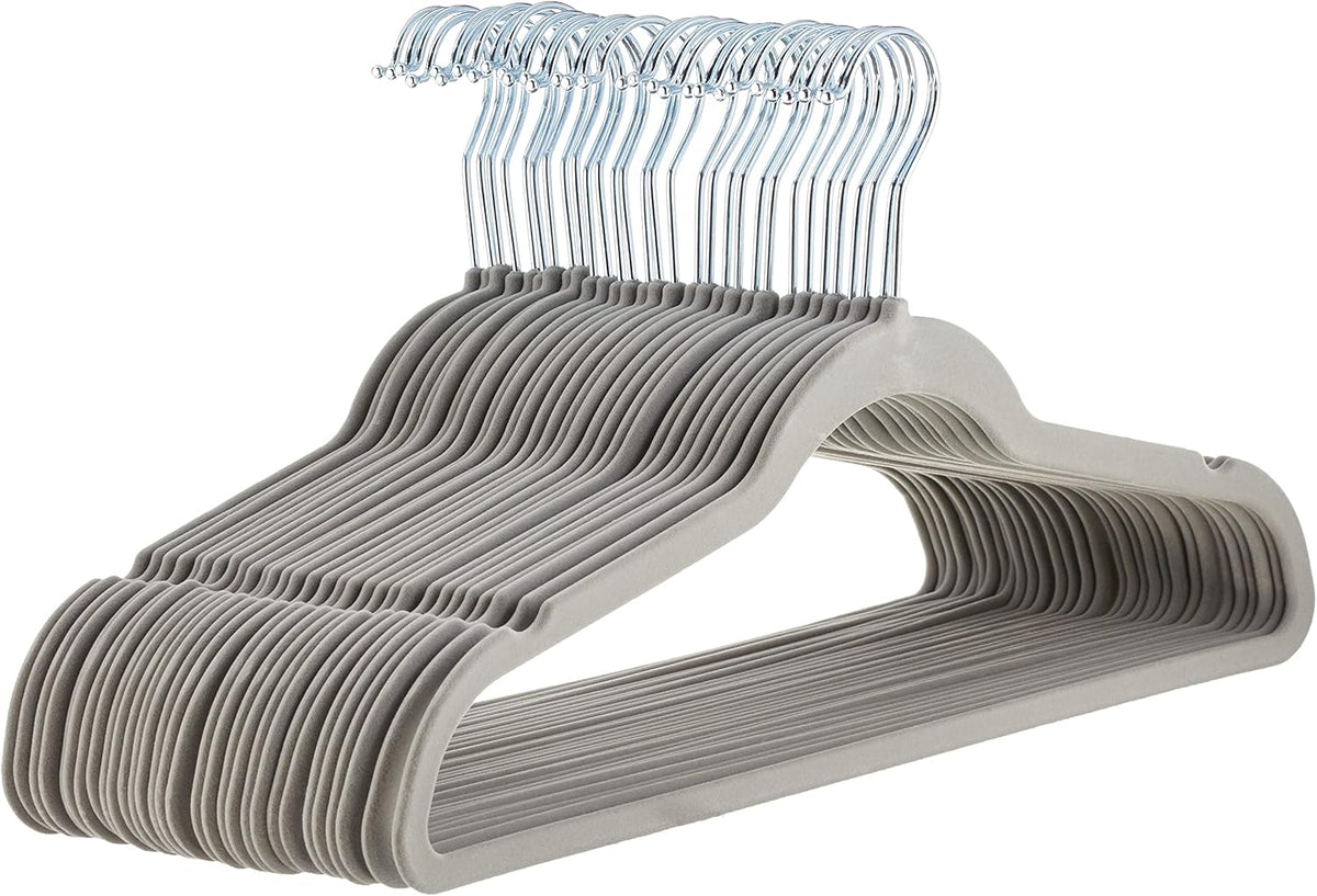 Basics 30-Pack Slim Velvet Non-Slip Suit Hangers – Space-Saving Clothes Hangers with Notched Shoulders & Sturdy Metal Core – Gray/Silver