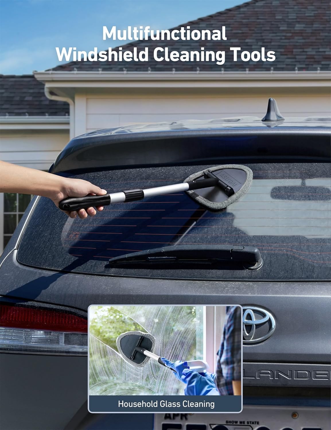 AstroAI Windshield Cleaner Tool, Car Interior Window Detailing Cleaning Kit with Extendable Handle and 4 Easy-to-Install Reusable Microfiber Pads, Auto Glass Wiper Brush Kit for Car&Home, Gray, 21in
