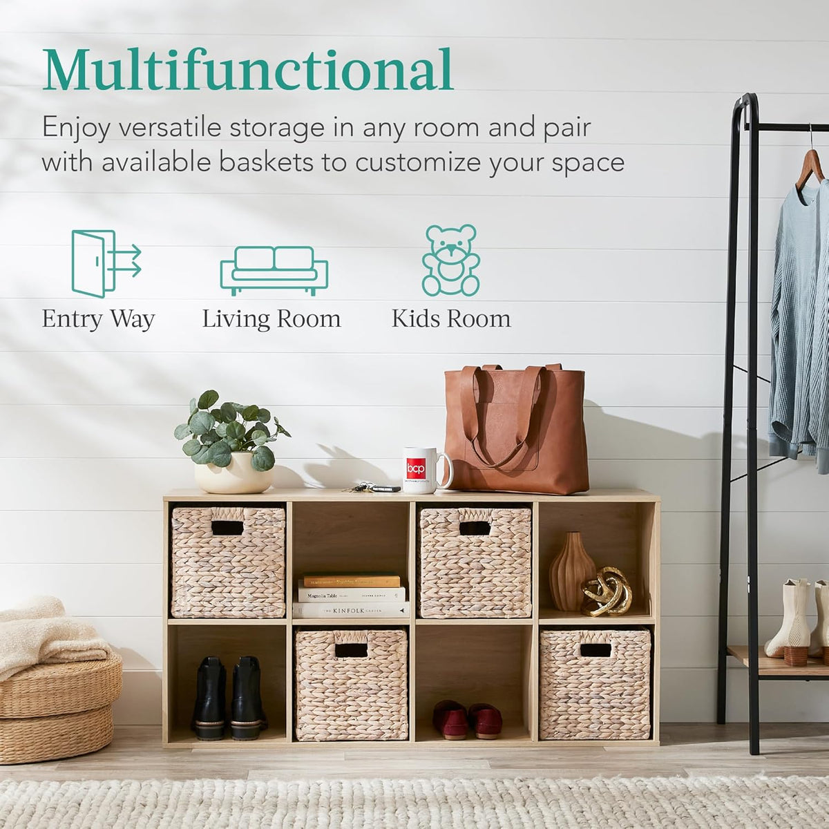 Best Choice Products 8-Cube Storage Organizer, 11in Shelf Opening, Bookcase, Display Shelf, Customizable w/ 3 Removable Back Panels – Light Oak