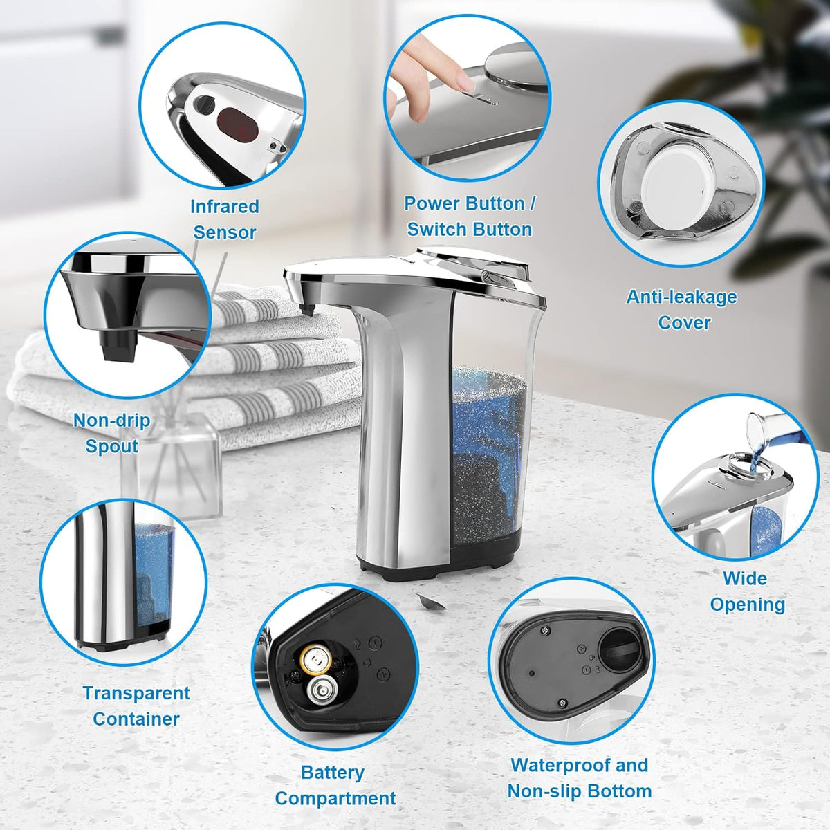 Automatic Soap Dispenser, Touchless Dish Soap Dispenser 17oz/500ml with Infrared Sensor, 5 Adjustable Soap Levels, Liquid Dispenser for Bathroom Kitchen (Silver)
