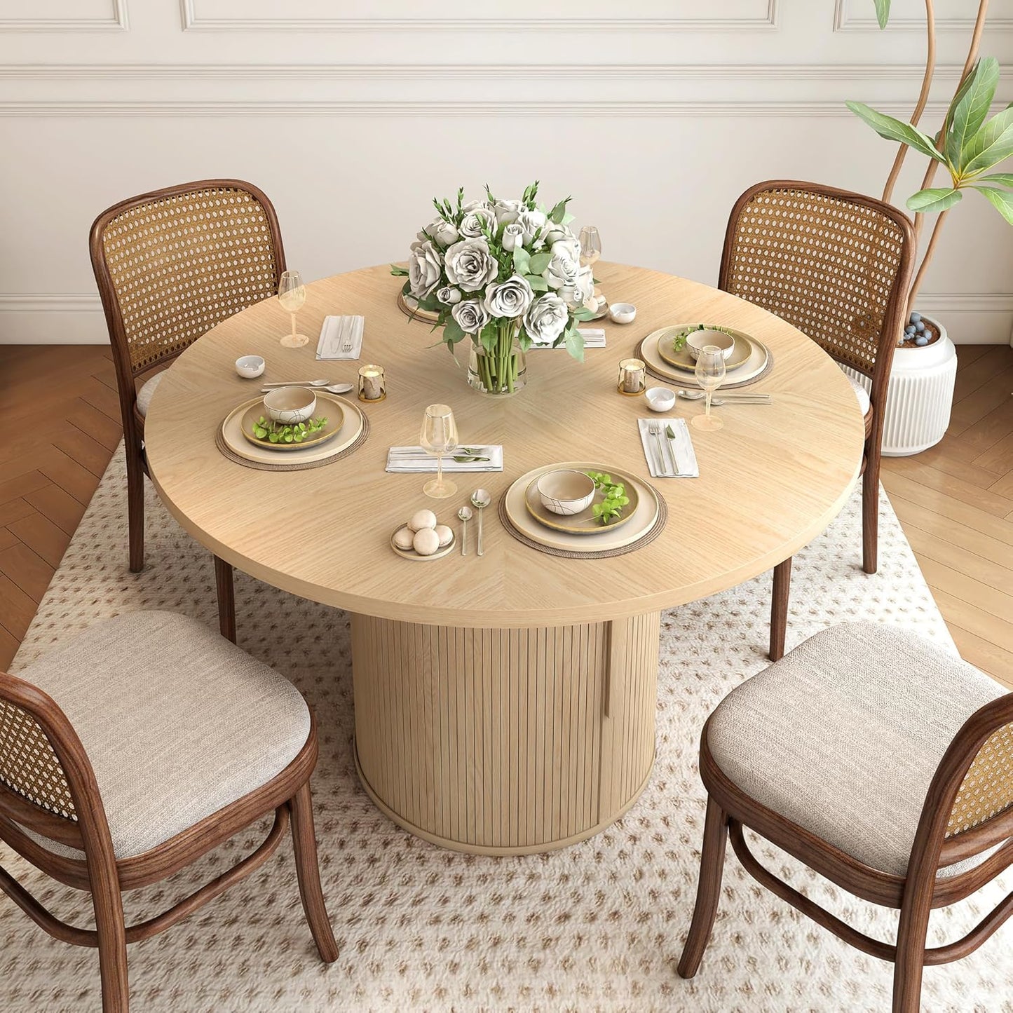 47 inch Round Dining Table for 4, Kitchen Table Dinner Table with 2-Layer Storage Shelf and Wood Slide Door for Home Dining Room Living Room (Natural)
