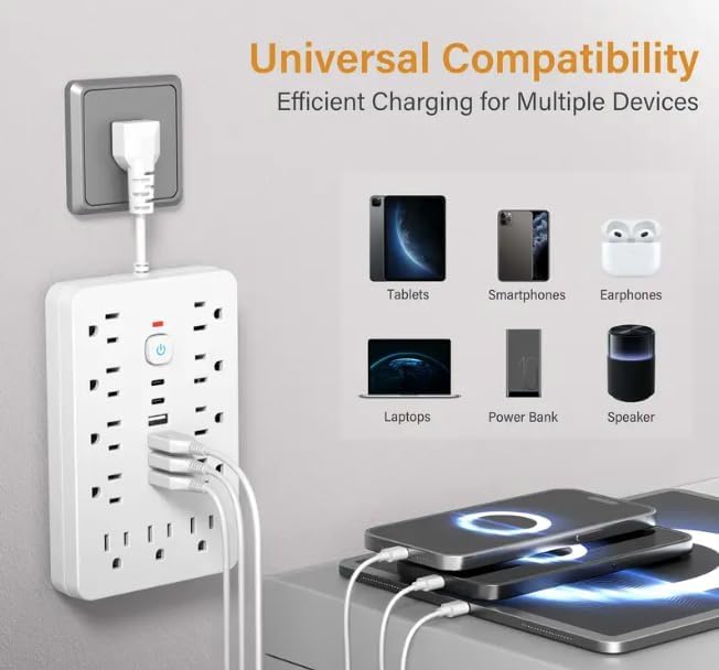 Versatile 17-in-1 Power Hub with Surge Protection - Includes 11 AC Outlets, 4 USB Ports & 2 Type-C