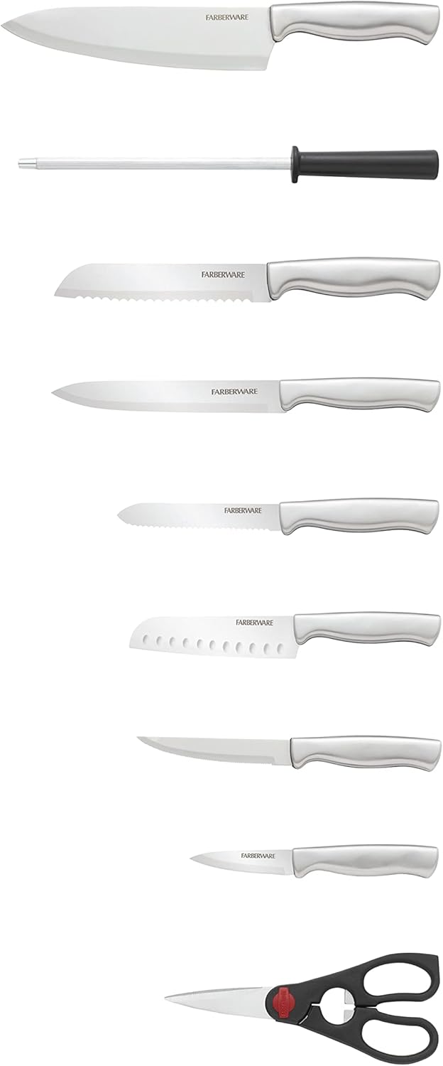 FARBERWARE 15-Piece Kitchen Knife Set with High-Carbon Stainless Steel Blades, Black Handles, Steak Knives, Wood Block, Razor Sharp and Ergonomic