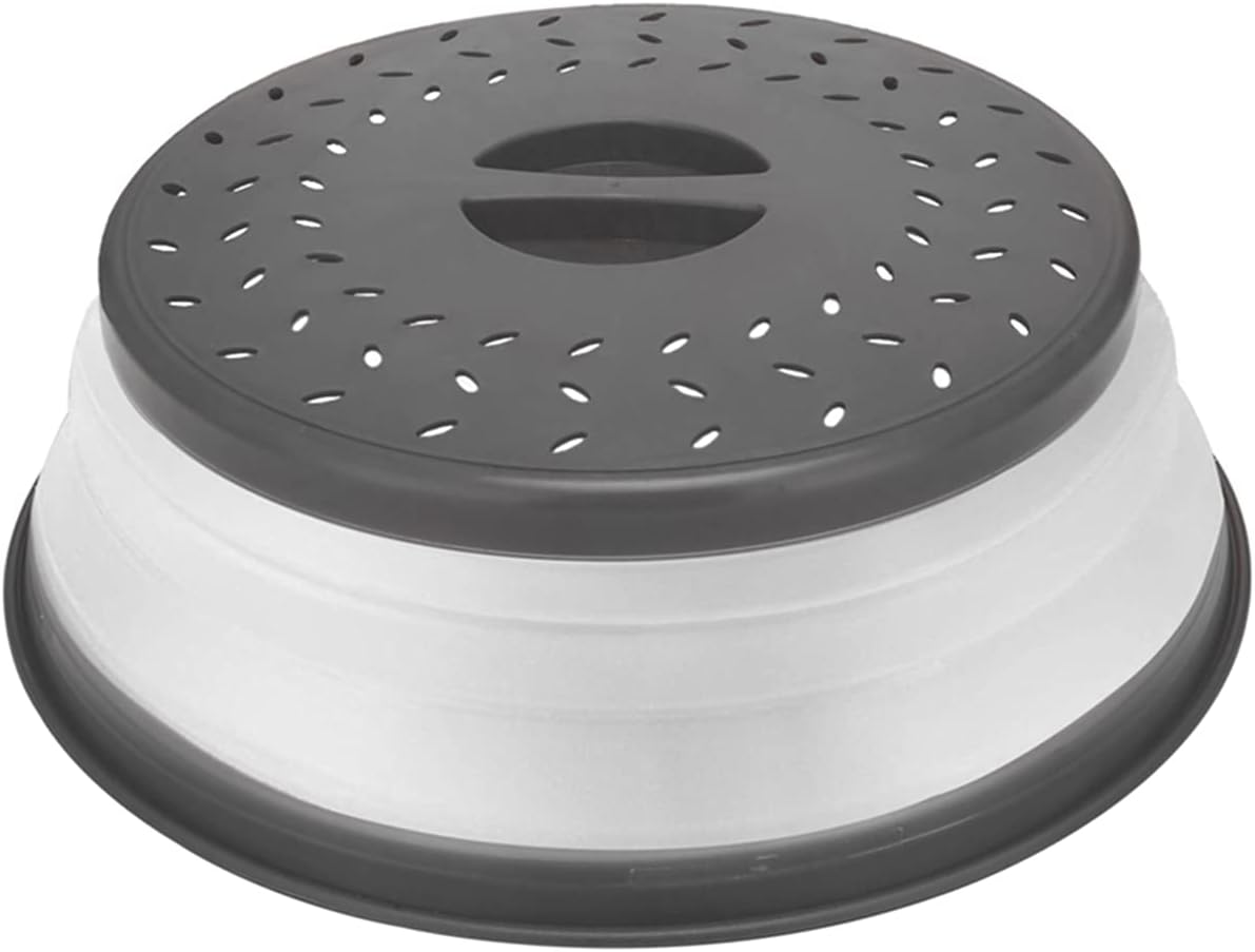 Microwave Splatter Cover Collapsible Microwave Cover for Food, Easy Grip Fruit Drainer BPA-Free Dishwasher Safe 10.5 inch,Grey