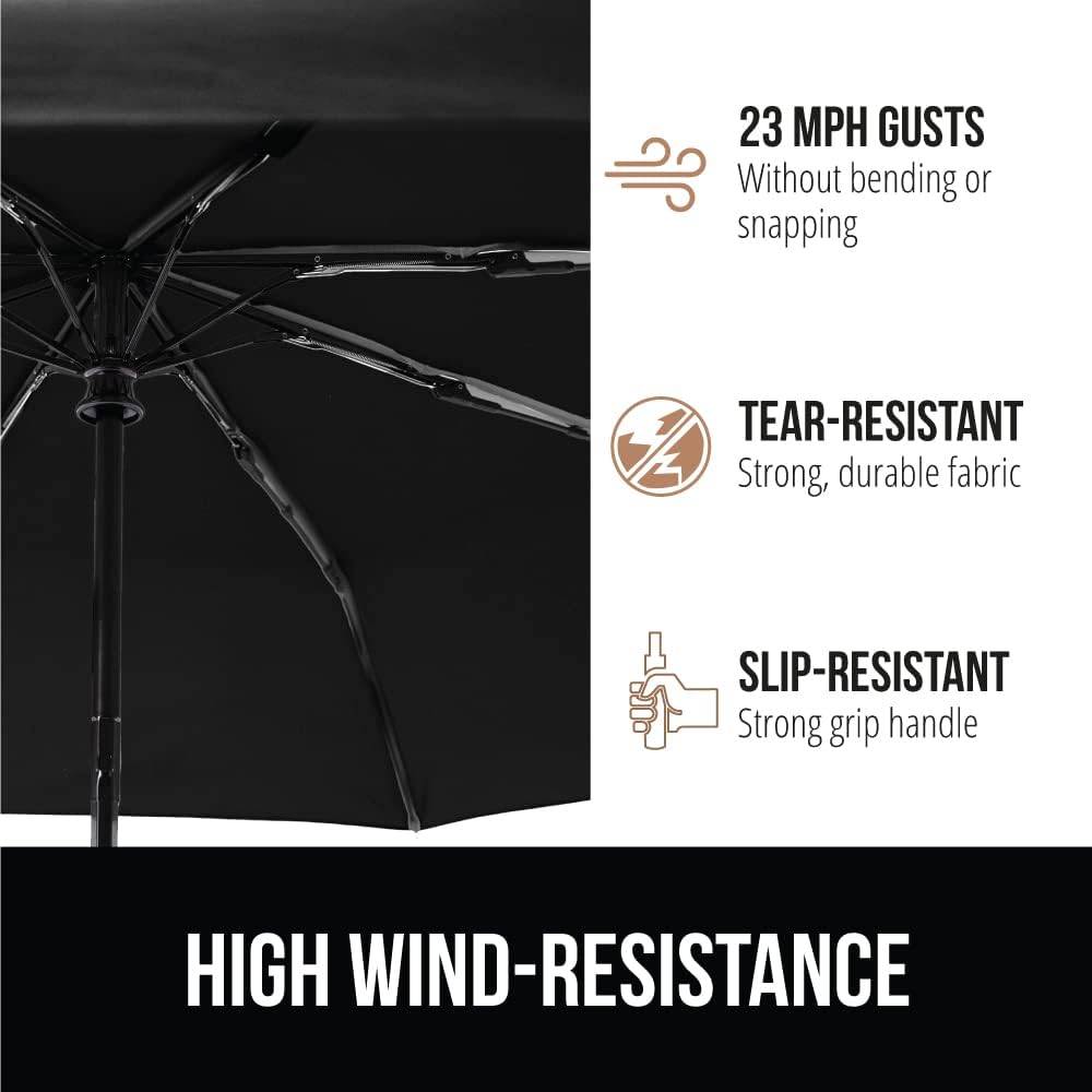 GORILLA GRIP Strong Windproof Stick Compact Umbrella for Rain, One-Click Automatic Open and Close, Durable Quick Dry Waterproof Material, Lightweight and Portable, Travel Size Fits Backpack, Black